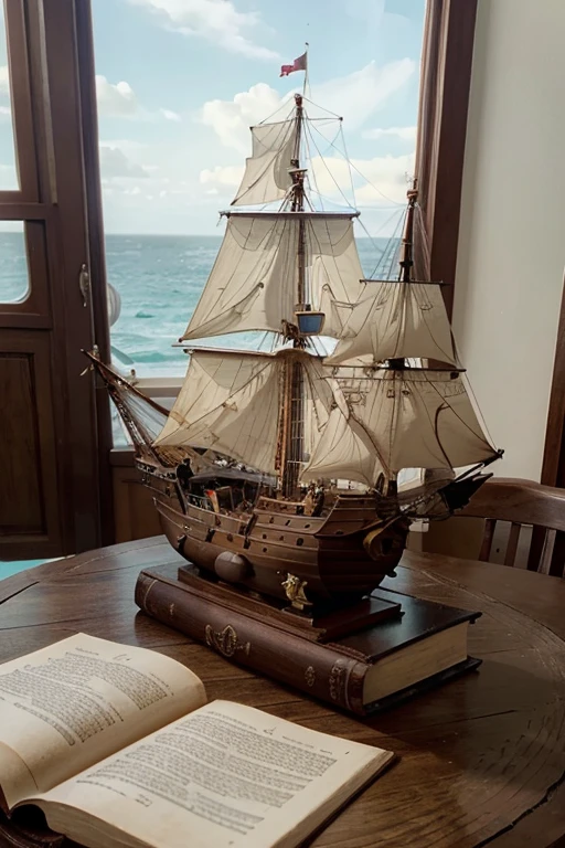 visualize a scene where a miniature galleon ship rests majestically on a table, Next to the galleon, It&#39;s important to have a big book open.