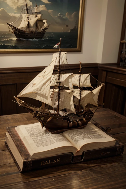 visualize a scene where a miniature galleon ship rests majestically on a table, Next to the galleon, It&#39;s important to have a big book open.