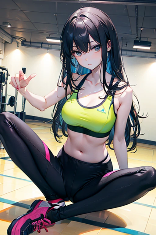 （best qualtiy）Meticulous sportswear girl，Sit on the floor of the gym，Spread your legs sexy，Wear delicate leggings and a sports bra，Cinematic touch，Film lighting completes the overall atmosphere，Directly opposite。