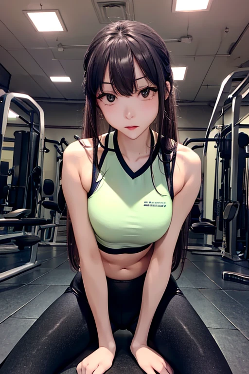 （best qualtiy）Meticulous sportswear girl，Sit on the floor of the gym，Spread your legs sexy，Wear delicate leggings and a sports bra，Cinematic touch，Film lighting completes the overall atmosphere，Directly opposite。