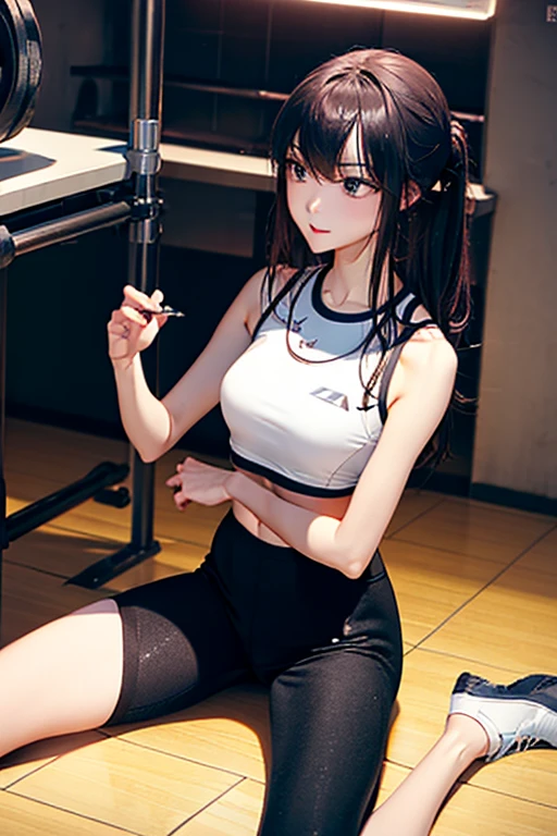 （best qualtiy）Meticulous sportswear girl，Sit on the floor of the gym，Spread your legs sexy，Wear delicate leggings and a sports bra，Cinematic touch，Film lighting completes the overall atmosphere，Directly opposite。