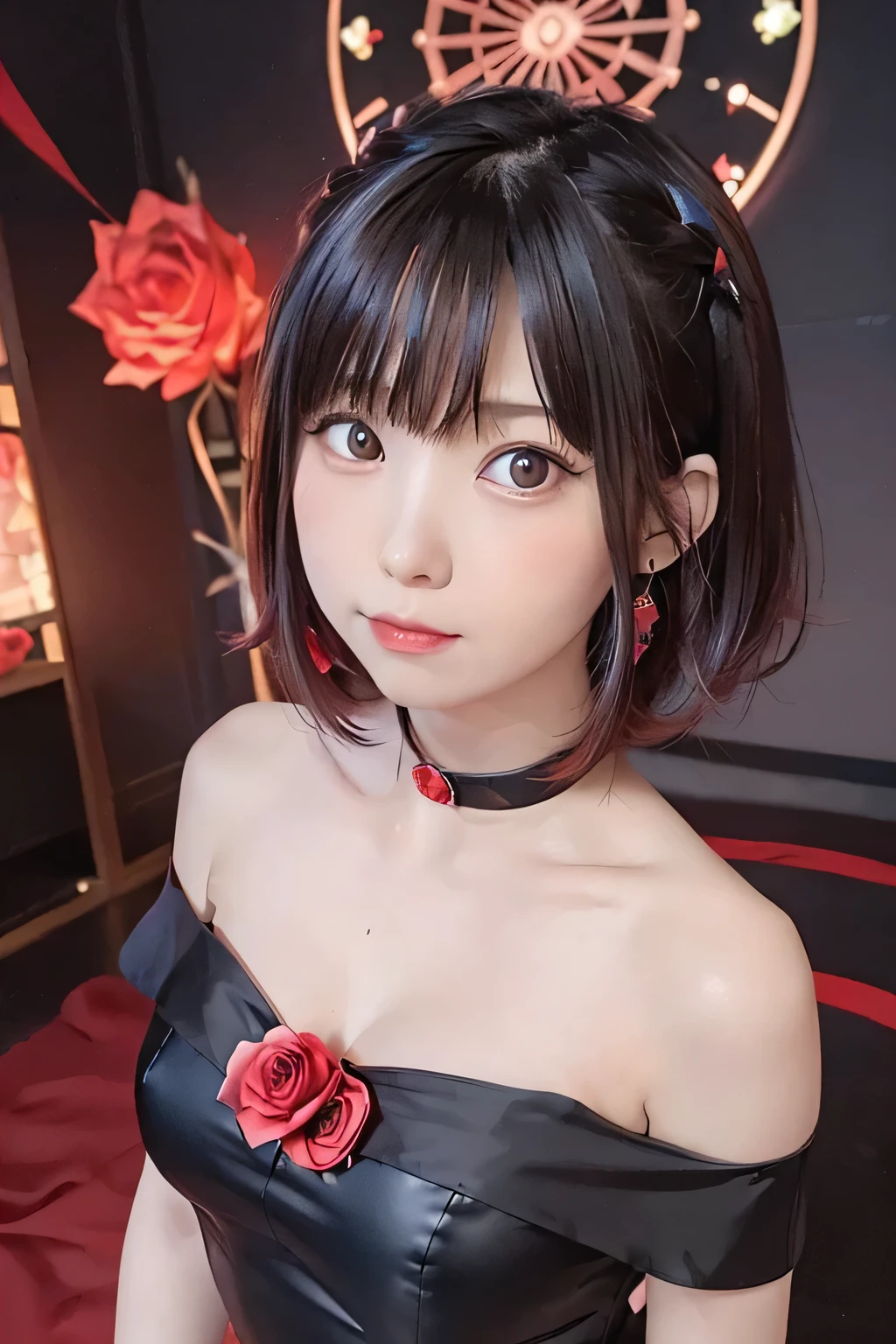 (Best Quality, masutepiece), (1girl in, Solo, Black Dress, Standing , Looking at Viewer, black and red hair, Red Eyes, holding rose, Closed mouth, Upper body), (Red Dream Catcher in the Back, Red flower, )  1girll、flat body、Slimed、cute little、、 (Background bokeh)、(Glow:1.3)、