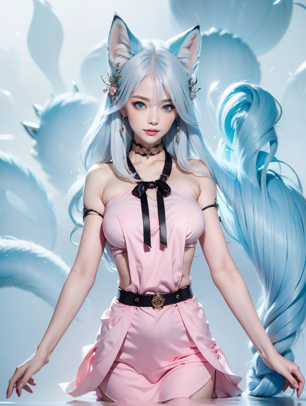 Full body, (Naked:1.5), Fox Demonox Devil Fox Years White Hair Girl，Sexy and feminine，Fluffy fox earox tails，No ears，reddish tones，The beauty of fox ears alone，Cover chest，Clan Girl，Fox's eye，Enchanted，Charming，16 K， best qualtiy， tmasterpiece，  Raised sexy， Highly detailed face and eyes， professional make up， ，， glow blue eyes，Pink-haired girl with fox ears、Camera angle from above、Looking here、