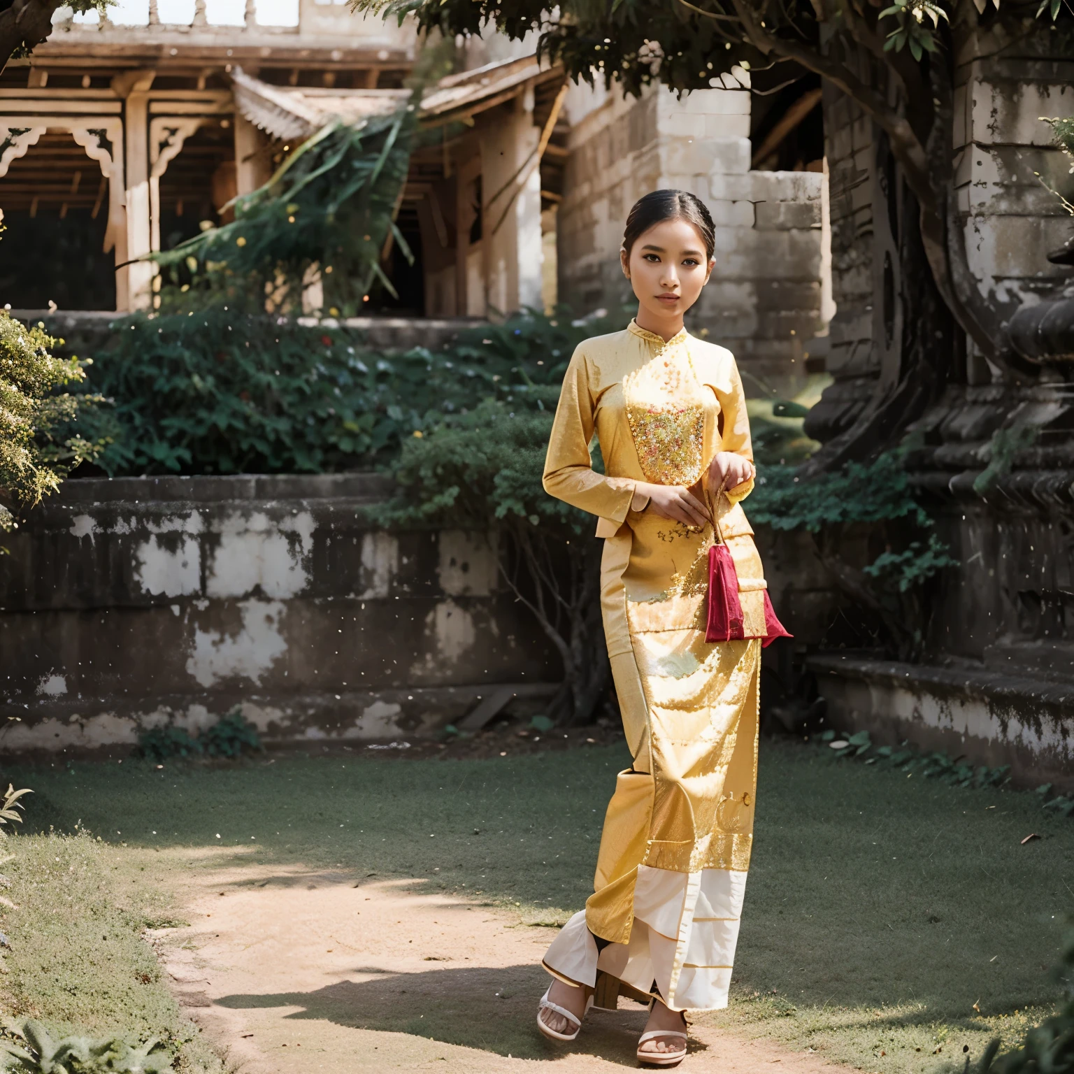 Girl sitting on grass, Thailand's traditional culture dress, backyard background, exotic environment,