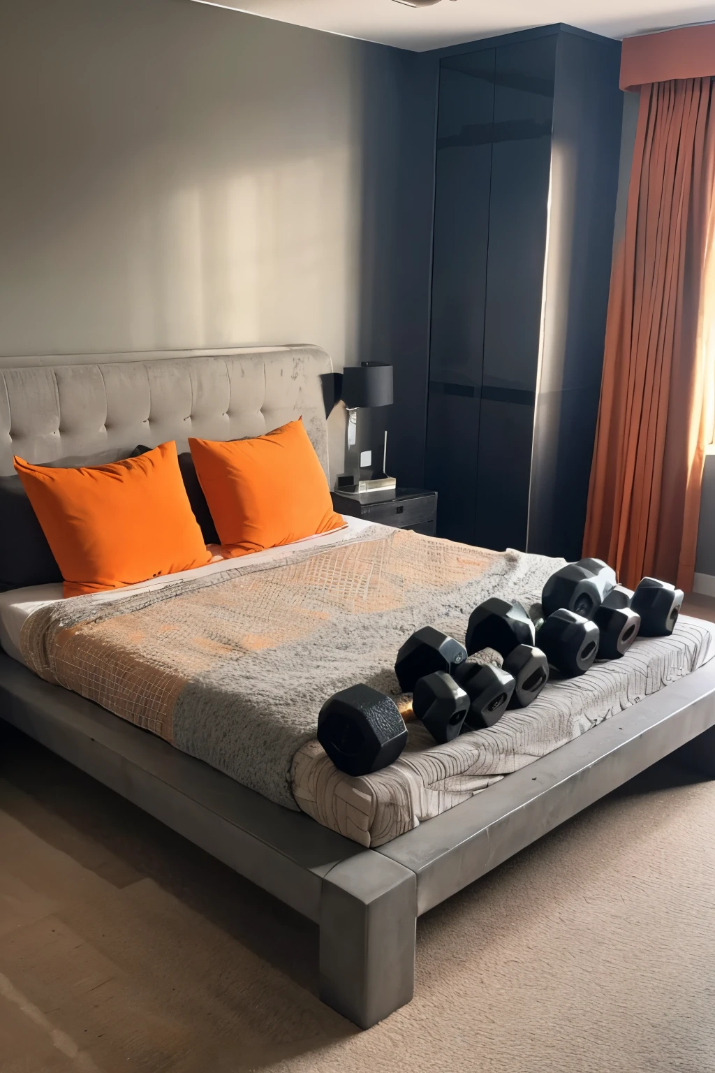 Manly room Concrete King size bed with dumbbells Black and orange room layout Stylish