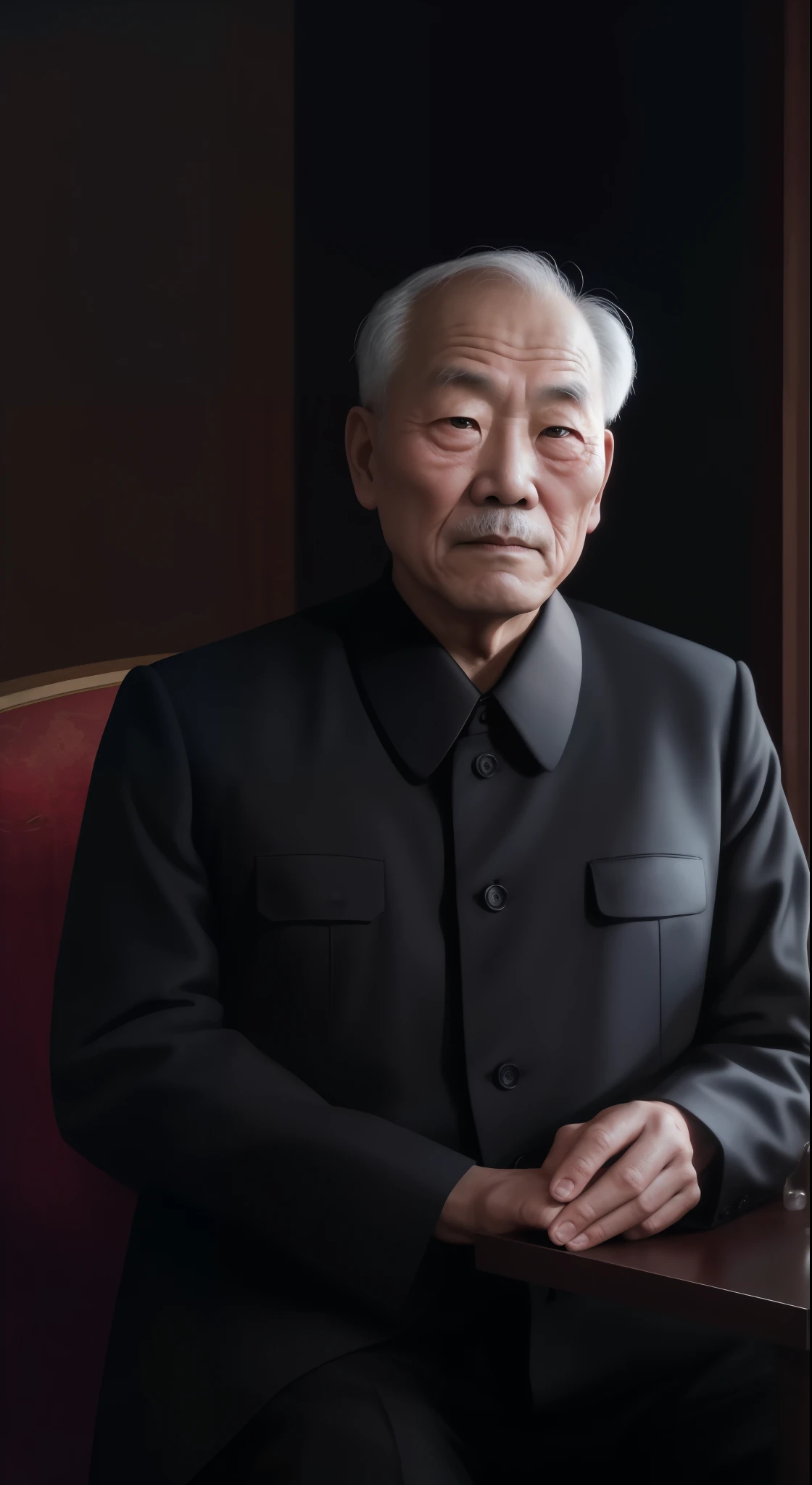 North Korean grandfather sitting in his country house on a dark night, wearing a black clothes, Light just one candle, Looking straight ahead with a worried face.