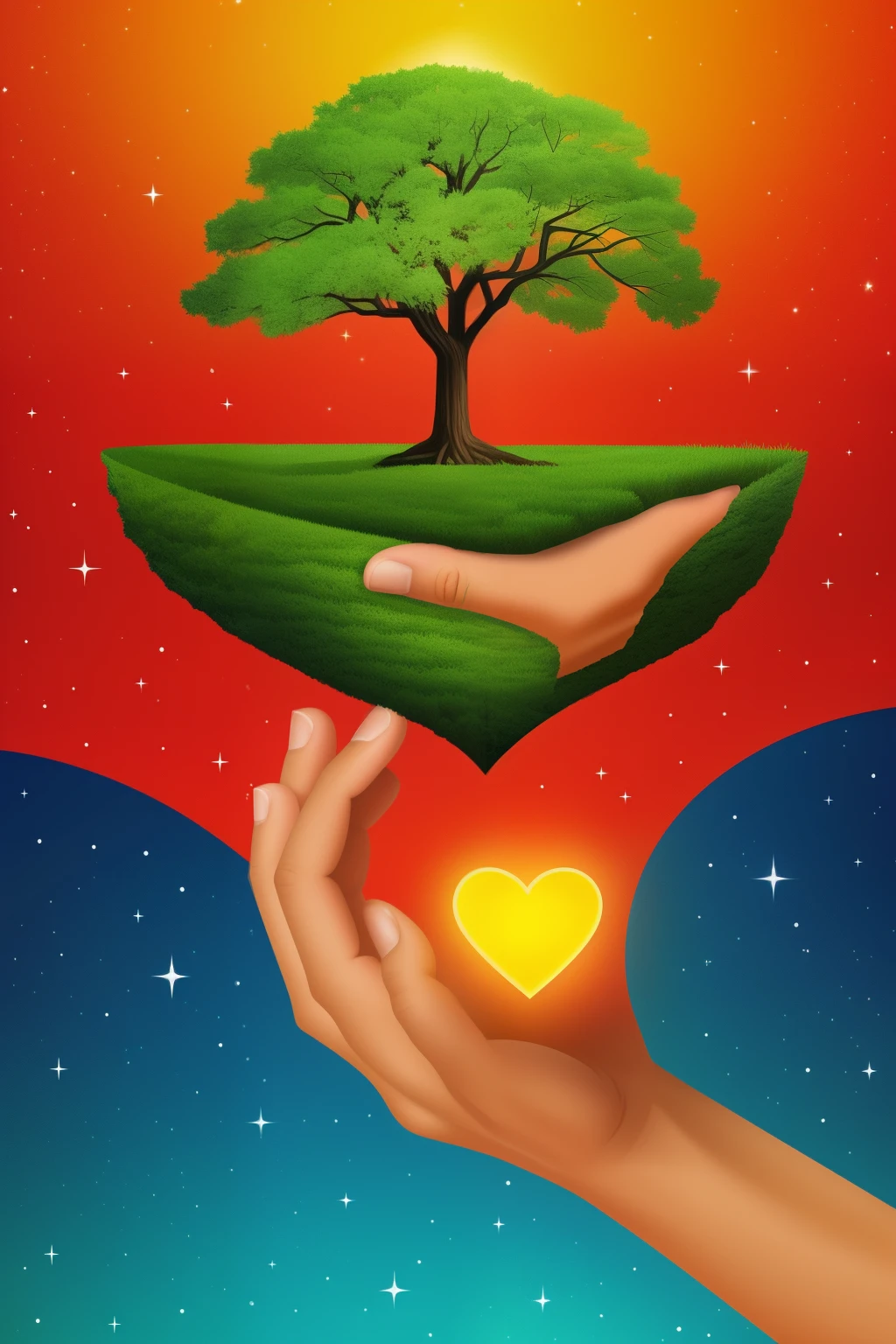 In der Mitte des Universums gibt es einen Erdmittelpunkt, der das Herz ist,In Arterien verwurzelt,Man lifts the earth with his hands,Auf der Erde lebende Tiere stilisierte digitale Illustration