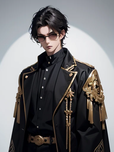 um homem jovem com roupas preto e dourado com poderes necromates no estilo de arte anime