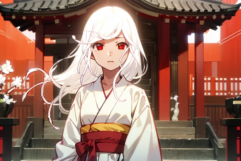 1girl in，Detailed details，very long white hair，countless white snakes，White kimono，Red eyes，shrine background，Face Up，radiant eyes，