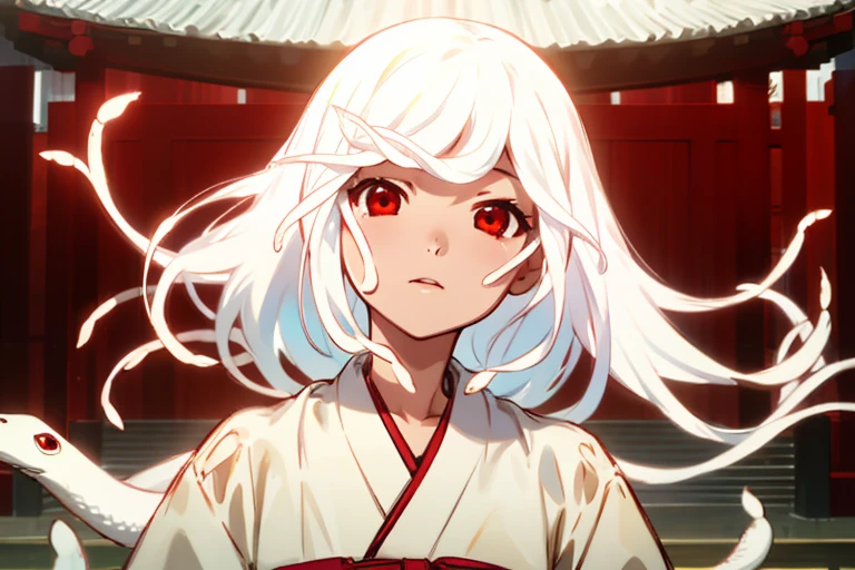 1girl in，Detailed details，very long white hair，countless white snakes，White kimono，Red eyes，shrine background，Face Up，radiant eyes，God