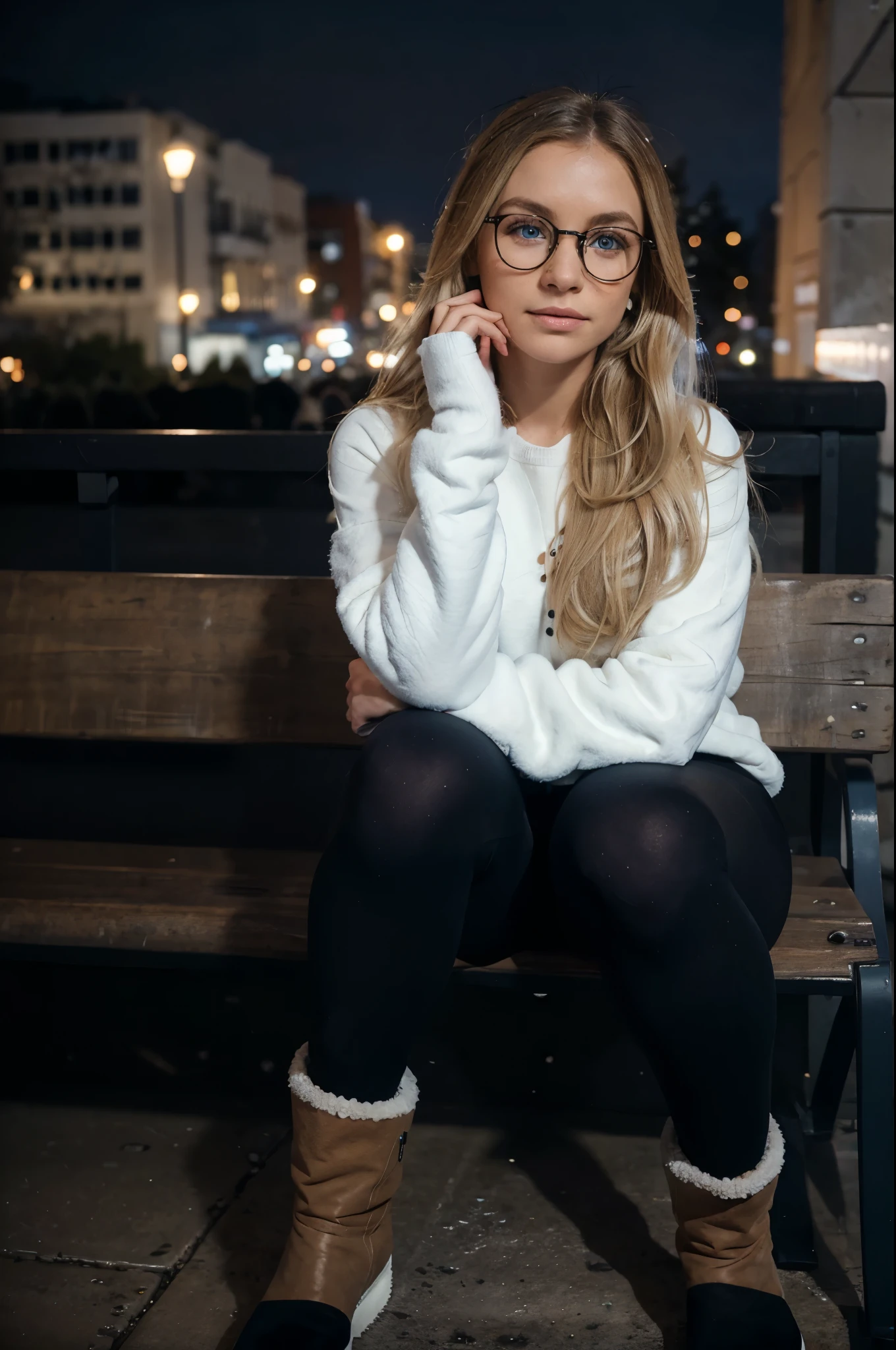 1woman, ombré blonde balayage hair, beautiful blue eyes, freckled face, circle glasses, off-white sweatshirt, seamless black leggings, black leggings, fuzzy faux fur boots, ugg style boots, night city background, sitting on bench, full body portrait, raw photo.