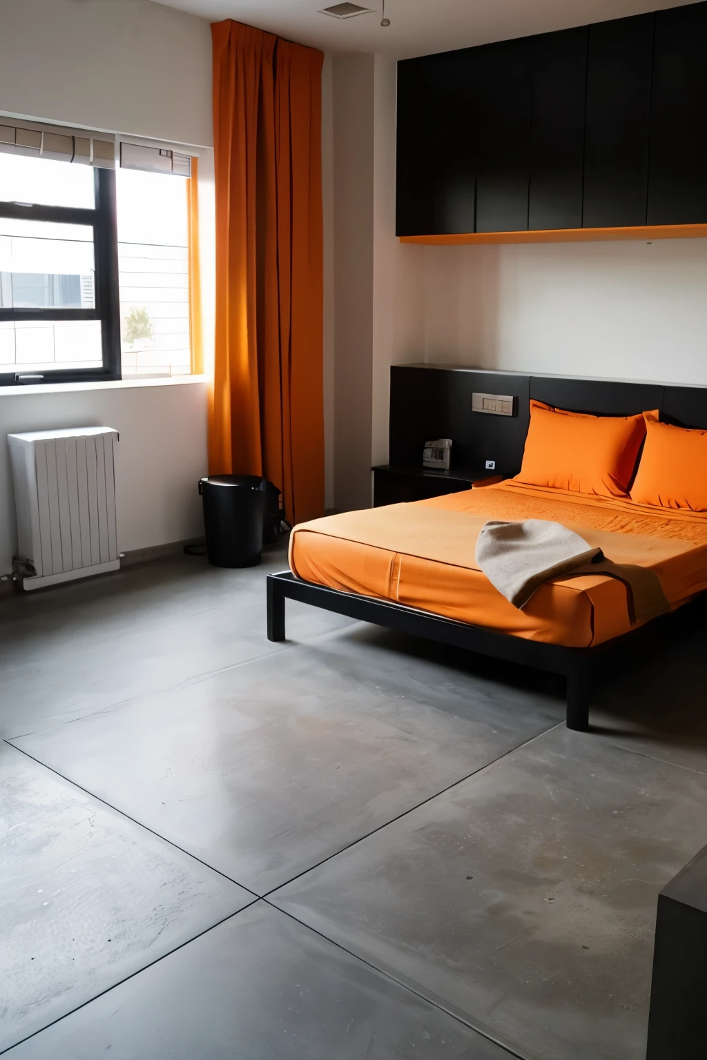 Manly room Concrete interior King size bed Black and orange Room layout Stylish muscle training goods are placed