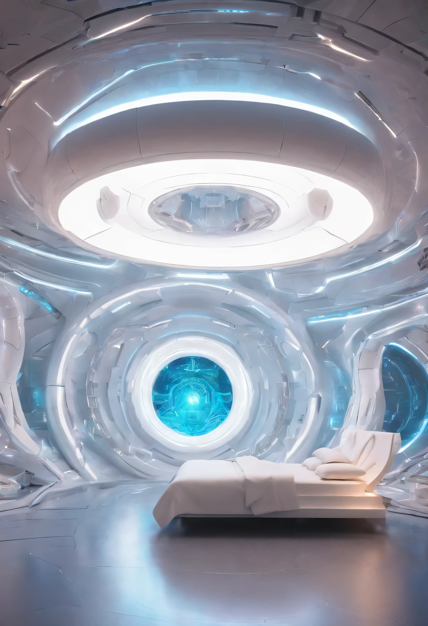 In UHD in 4K Alien regeneration room with symbology of the quantum holographic , Sacred geometry quantum holography forming capsule for the person to lie there to heal