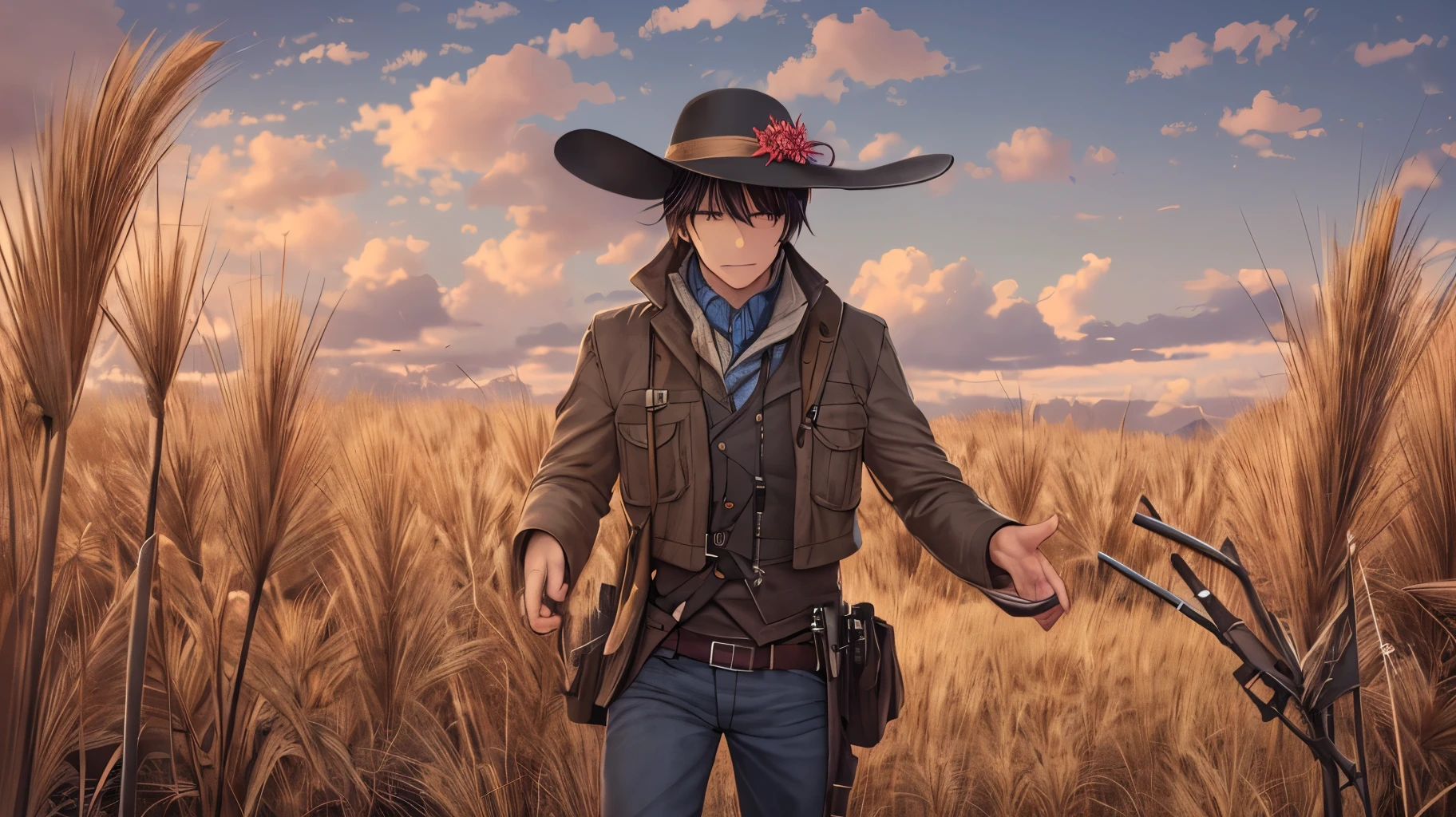 Spooky male scarecrow, made of straw, wearing an old spooky top farm hat. Arms raised, death,, skull face, scary, dark ambiance, wheat fields, action pose, dark blue eyes, blue fire --auto --s2