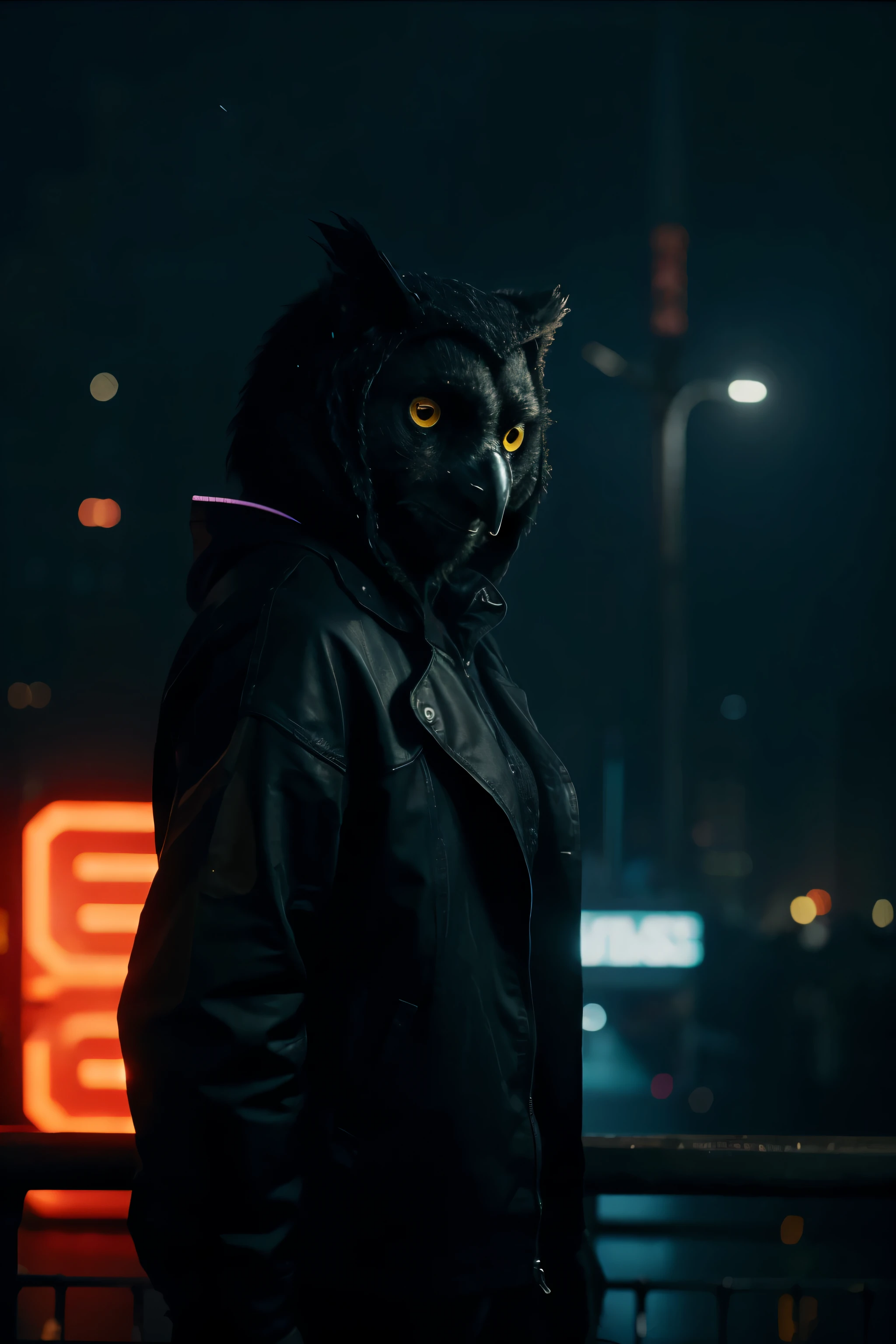 a black sad owl staring at some neon lights in Blade Runner 2049 movie