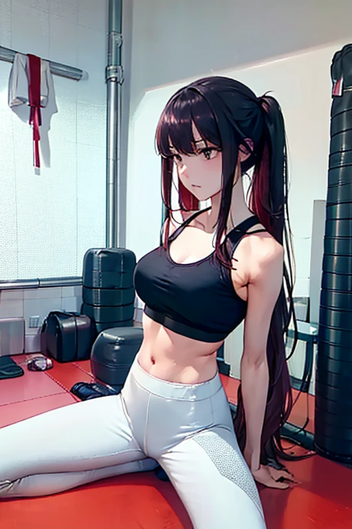 （best qualtiy）Meticulous sportswear girl，Sit on the floor of the gym，Spread your legs sexy，Wear delicate leggings and a sports bra，Cinematic touch，Film lighting completes the overall atmosphere，Directly opposite。