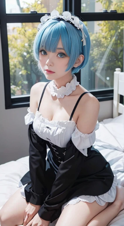 1 girl, maid outfit, short light blue hair, black outfit, maid outfit, bed, exposed shoulders, blue eyes, hairpins, full body, sitting on bed, ((bangs comb on right))), window, sunlight