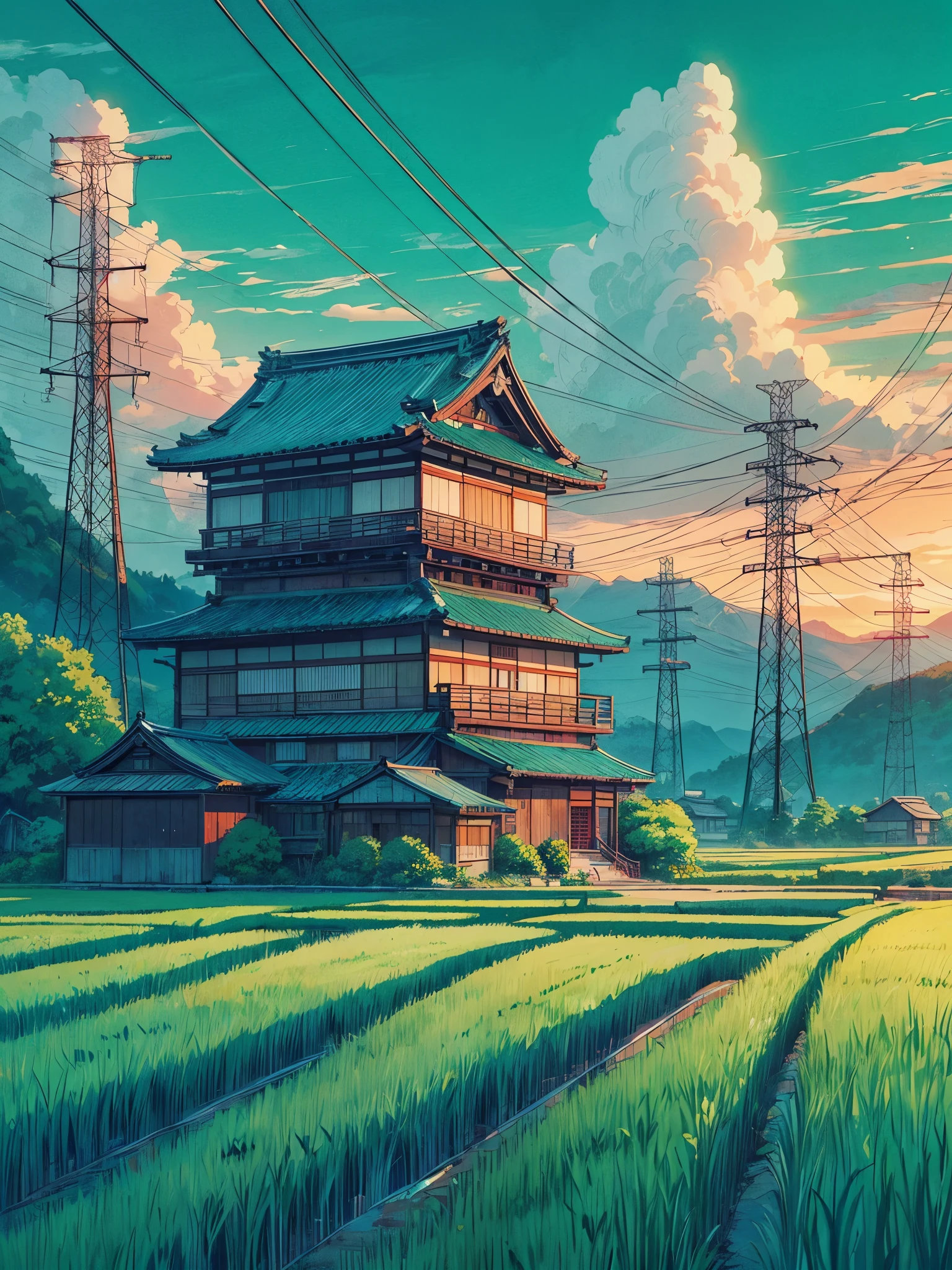 Draw a anime art of wide lofi scene of countryside scene of three story Japanese hut in Kyoto in farm fields, sunset, electricity towers, greenish blue tones,  beautiful cloudy sky, vibrant color tones, masterpiece, peaceful scene