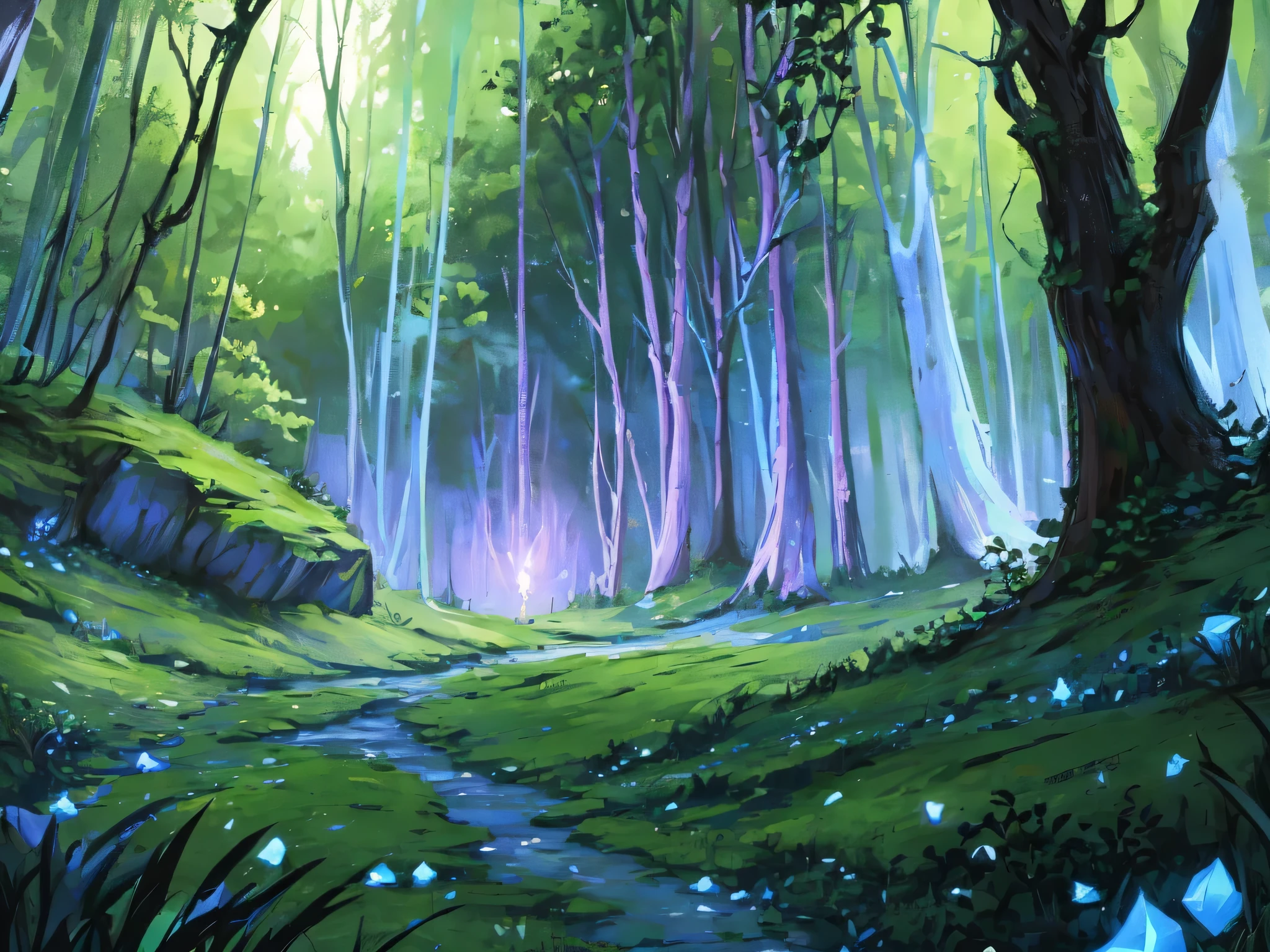 Forest background for RPG game front battle scene. 魔法のような詳細なThe treeや植物, The tree々Mysterious light shining through the gap. the background must be amazing, Colorful, and evoke a sense of adventure. the image should be bright, Vibrant, Reflects the worldview of RPG.
