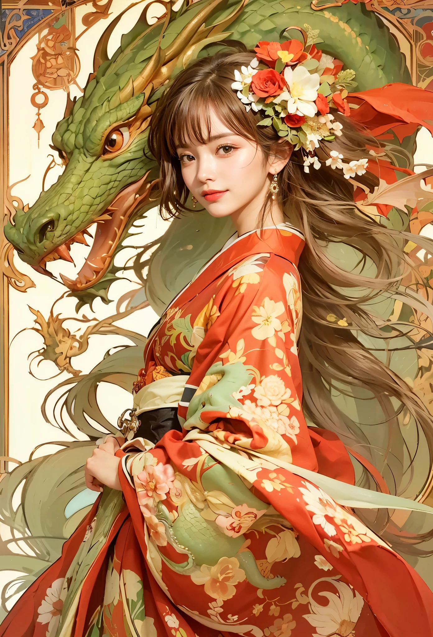 (best quality photo of an ultra beautiful girl wearing a see-through red kimono with a dragon in perfect geometrical harmony:1.3), (Alfons Mucha’s artwork:1.4 )(Fractal Art, colorfull, florals, artistic fantasy art, vivid colors:1.2), (An extremely delicate and beautiful work:1.2),(she is the embodiment of beauty and allure, her clothes are soft and light texture as air,), (pop dragon, cute dragon, unreal dragon, green dragon, the dragon made of flower :1.2),A very beautiful and attractive woman, (perfect anatomy:1.1),shiny skin ,(age:1.2),(detailed face), detailed eyes, black eyes, lustrous lips ,(looking at viewer), subtle smile, beautiful figure, slender abs, dark brown long hair,(best quality, masterpiece, ultra detailed, ultra high res, photorealistic, raw photo, absurdres, absolutely resolution:1.4),