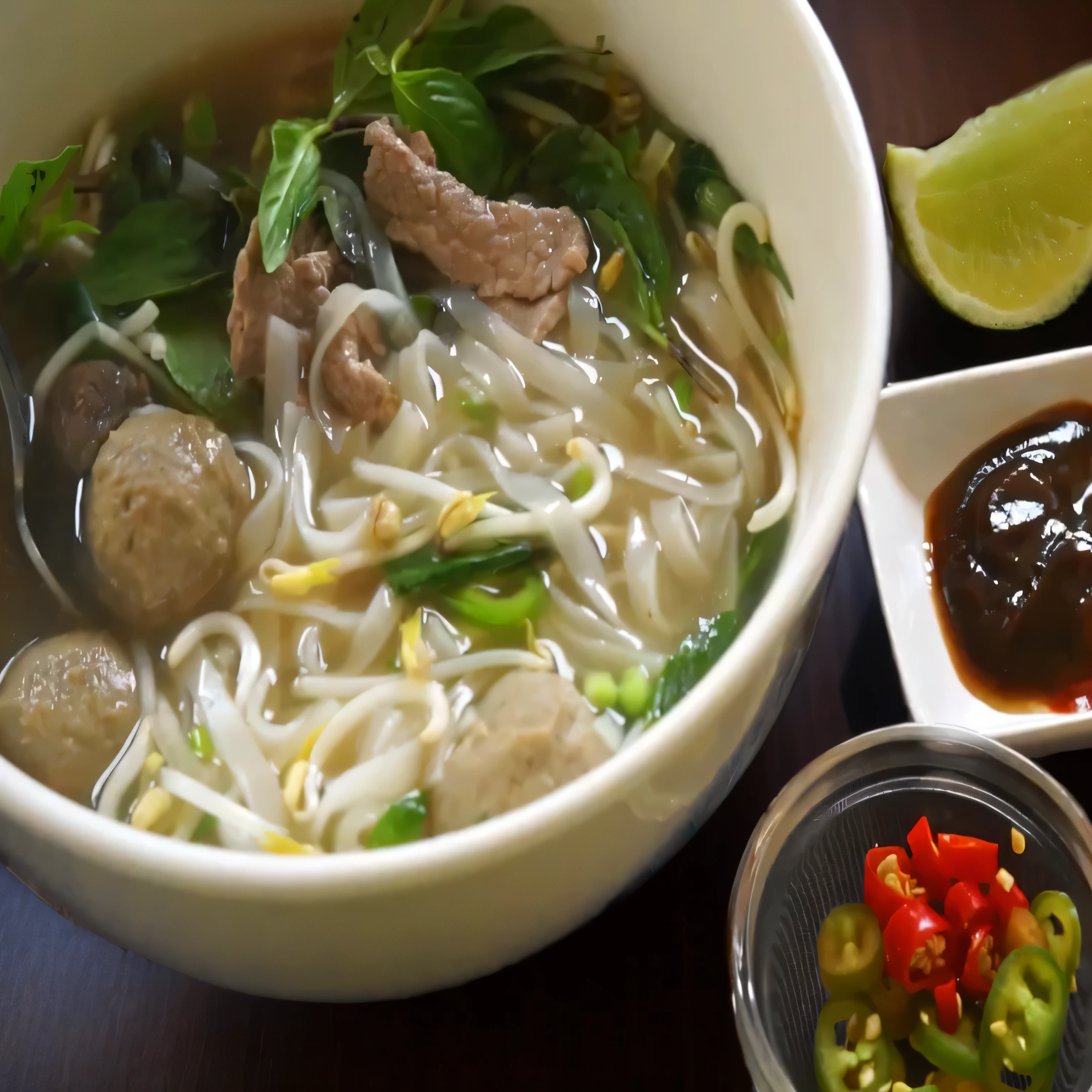 It's a big soup with the viande and the dishes on the table, inspired by Tan Ting-pho, photo de réaliste délicieux pho, dans le style de lam manh, soupe, Typhon Pnan, Nouilles, miammy, Soir, Thai, miam, traditionnel, Asie du Sud-Est avec Long, estimer, plat, Midi, boeuf, ma ligne, Vietnam, typhon
