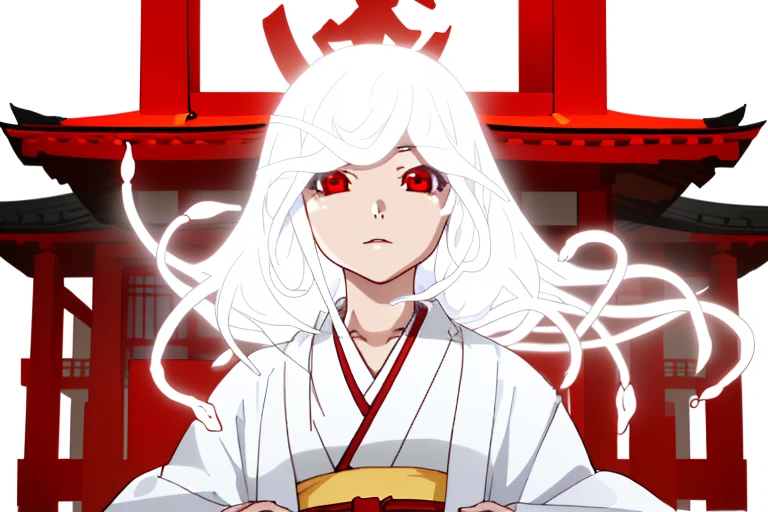 1girl in,Detailed details,very long white hair,countless white snakes,Luxurious white kimono,Red eyes,shrine background,Face Up,radiant eyes,God