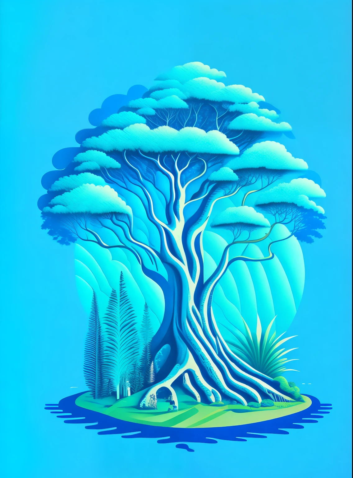 Ein Amazonasbaum in einer blauen Landschaft, ein mensch hebt den baum aus der Erde T-Shirt-Design, rzminjourney, Vektorgrafiken