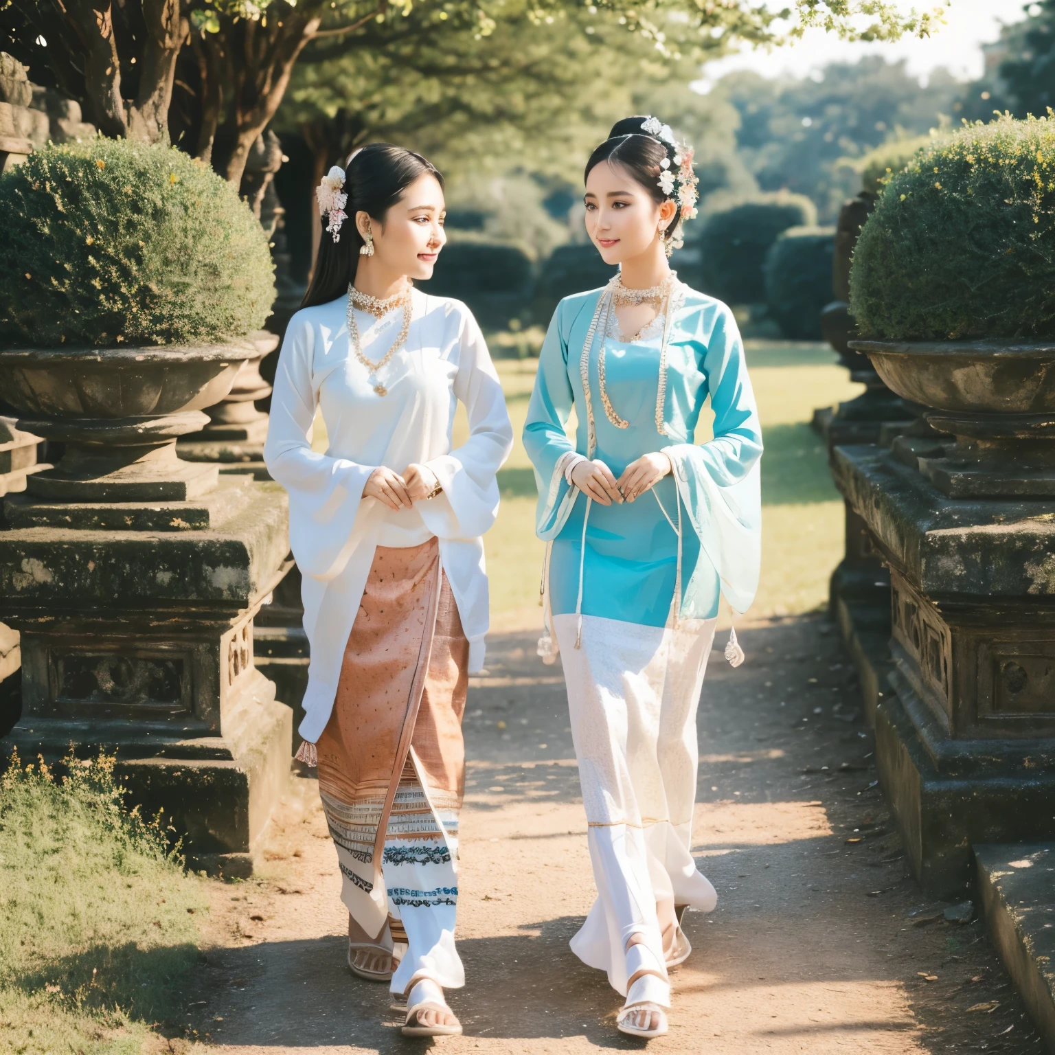 Burmese dress and graceful girl Infront of palace garden, blue dress