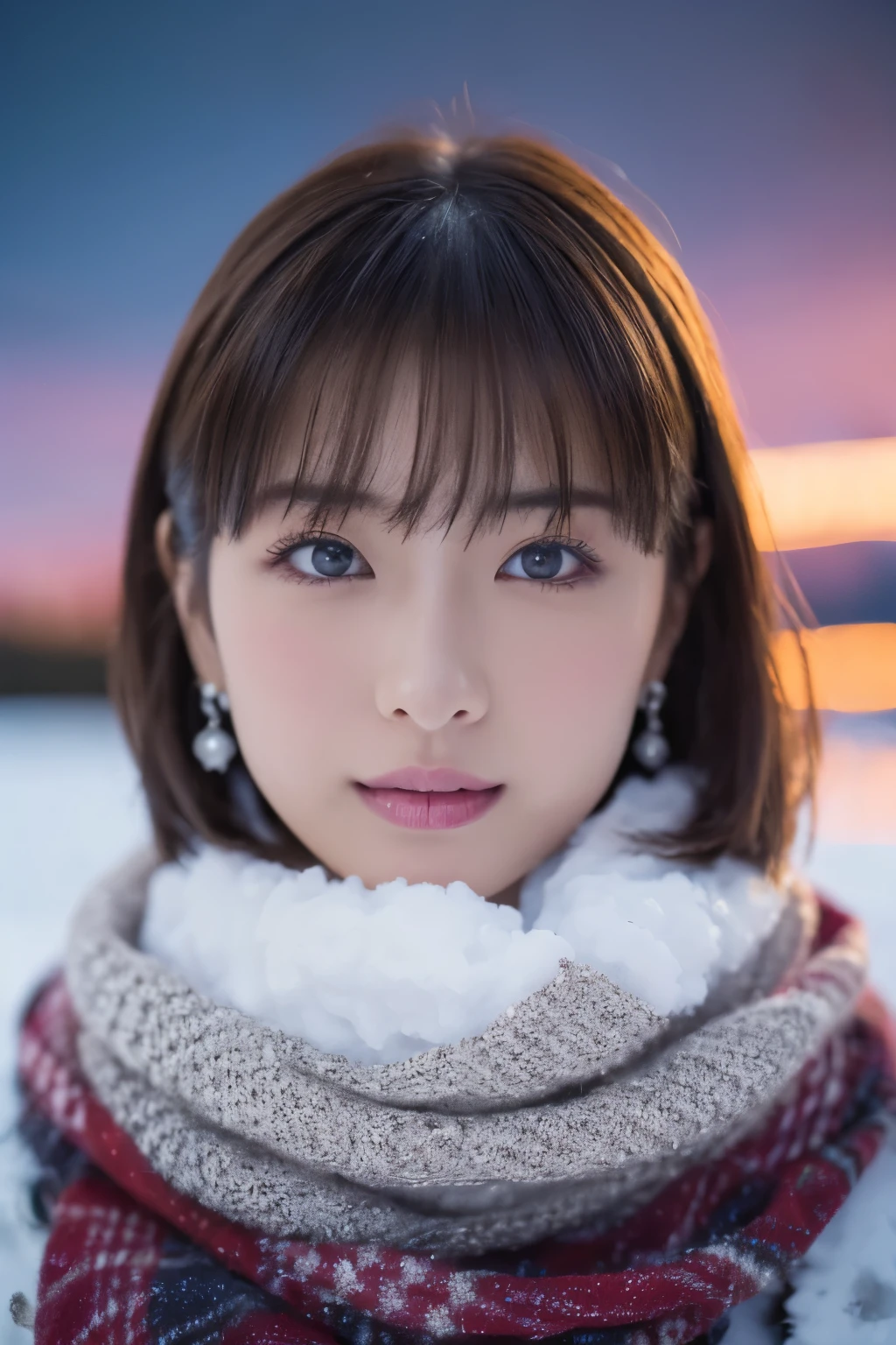 1girl in, (Winter clothes:1.2), Japanese beautiful actress, 
photogenic, Snow Princess, long eyelashes, Snowflake Earrings,
(Raw photo, Best Quality), (Realistic, Photorealsitic:1.4), (masutepiece), 
Beautiful detailed eyes, Beautiful detailed lips, extremely detailed eye and face, 
BREAK
 (Frozen snow field in winter Lapland), (The last vestiges of the twilight sky&#39;The brilliance of:1.4), 
ethereal beauty, Swirling snowflakes, Snowy trees, Powder snow, snow-capped mountain, 
Snowy field landscape at dusk, 
Indigo and dark vermilion color scheme, Dramatic Lighting, Fantastic atmosphere, 
BREAK 
Perfect Anatomy, Slender body, Small, Short hair, Parted bangs, Angel Smile, 
Crystal-like skin, Clear eyes, Strobe shooting, catchlight