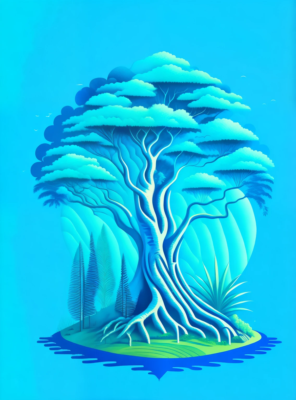 Ein Amazonasbaum in einer blauen Landschaft, ein mensch hebt den baum aus der Erde T-Shirt-Design, rzminjourney, Vektorgrafiken, mensch hebt baum mit hand aus der erde