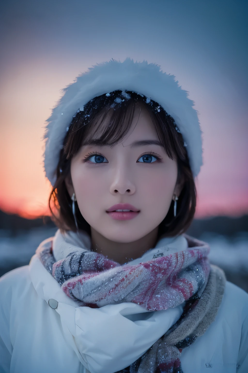 1girl in, (Winter clothes:1.2), Japanese beautiful actress, 
photogenic, Snow Princess, long eyelashes, Snowflake Earrings,
(Raw photo, Best Quality), (Realistic, Photorealsitic:1.4), (masutepiece), 
Beautiful detailed eyes, Beautiful detailed lips, extremely detailed eye and face, 
BREAK
 (Frozen snow field in winter Lapland), (The last vestiges of the twilight sky&#39;The brilliance of:1.4), 
ethereal beauty, Swirling snowflakes, Snowy trees, Powder snow, snow-capped mountain, 
Snowy field landscape at dusk, 
Indigo and dark vermilion color scheme, Dramatic Lighting, Fantastic atmosphere, 
BREAK 
Perfect Anatomy, Slender body, Small, Short hair, Parted bangs, Angel Smile, 
Crystal-like skin, Clear eyes, Strobe shooting, catchlight