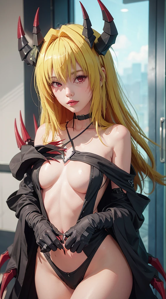 DarknessLora, blonde hair, red eyes, very long hair, horns, claws, choker, hair intakes, bare shoulders, revealing clothes, ((child:1.1))