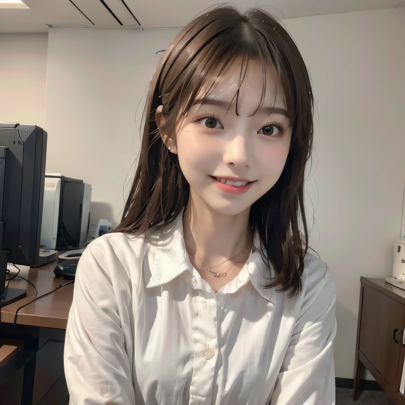 NSFW, masutepiece, (Best Quality:1.2), (Sharp Focus:1.2),, 1 girl, Slim Girl,, (21 year old woman with bronze hair), Detailed face, 年轻|Cute face, blush, Evil smile, small , Thin arms, White collared shirt, In a modern office, Indoor