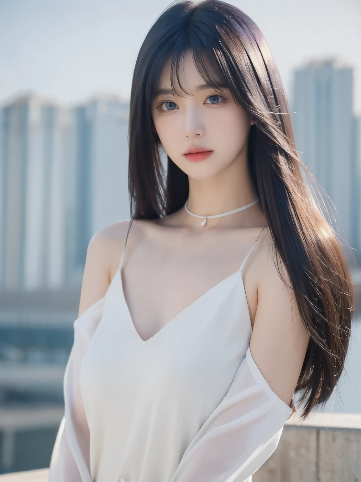 8k wallpaper, tmasterpiece, 电影灯光, Best quality at best, illustratio, dramatic angles, ((colours: 1.1)), ((colours inner hair: 1.4)), 1 girl, Alone, long whitr hair, Eau, eBlue eyes, Black glasses, Collar, Open, white Collar, liquid hair, brunette color hair, By bangs, from side, side, The upper part of the body, backgound, greybackground, of shoulders, sportrait, looking at viewert, White dress, hair between eye, white backgrounid, 耳Nipple Ring,