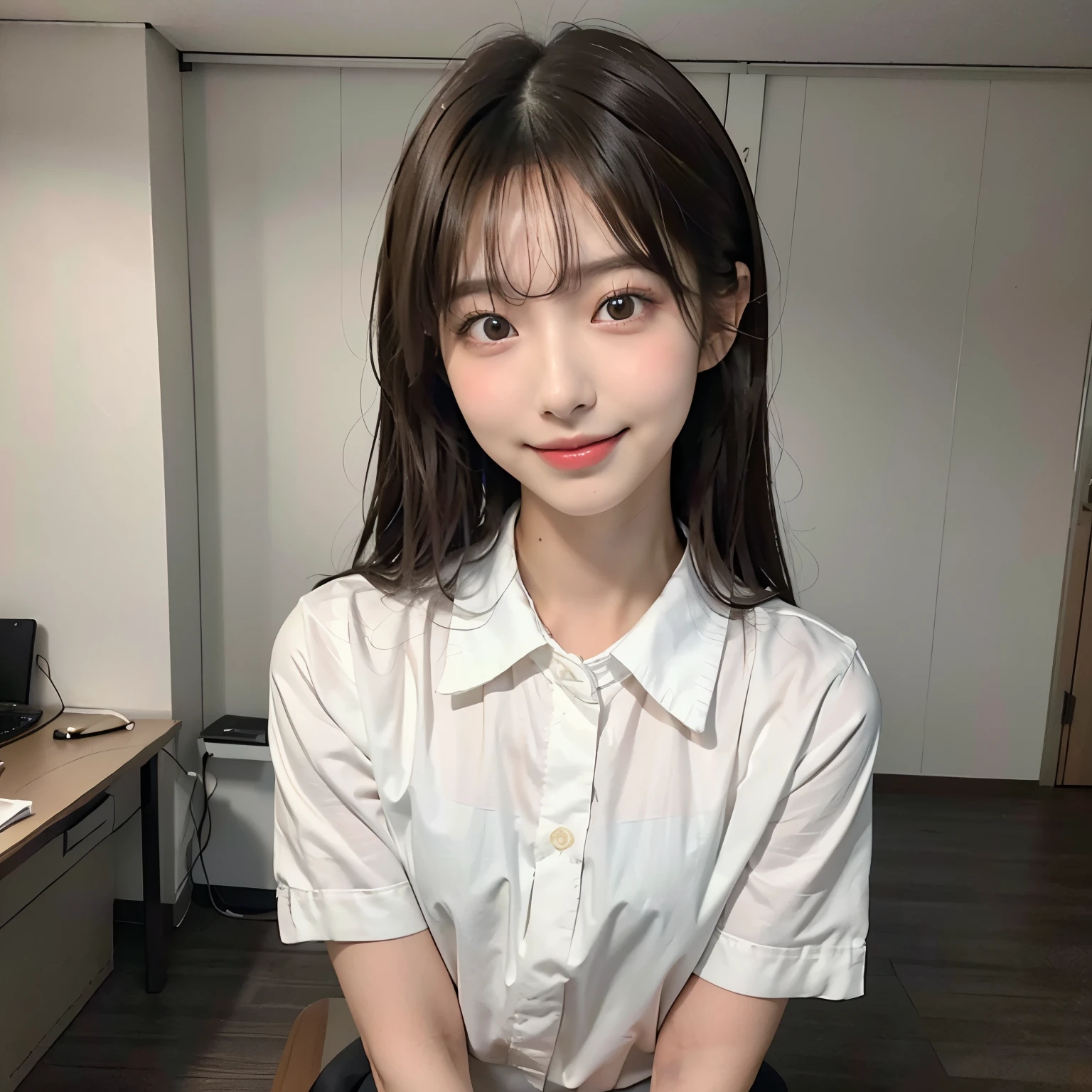 NSFW, masutepiece, (Best Quality:1.2), (Sharp Focus:1.2),, 1 girl, Slim Girl,, (21 year old woman with bronze hair), Detailed face, 年轻|Cute face, blush, Evil smile, small , Thin arms, White collared shirt, In a modern office, Indoor