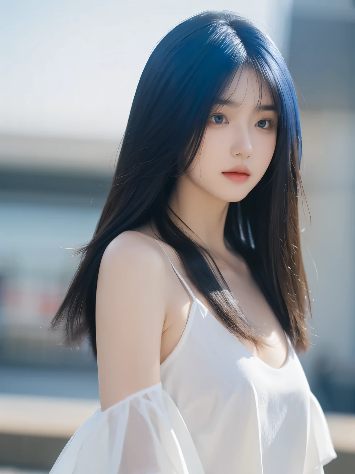 top-quality、masterpiece、超A high resolution、(Photorealsitic:1.4)、Raw photo、女の子1人、blue hairs、glowy skin、、Dramatic Writing、full bodyesbian、爆乳、tshirts