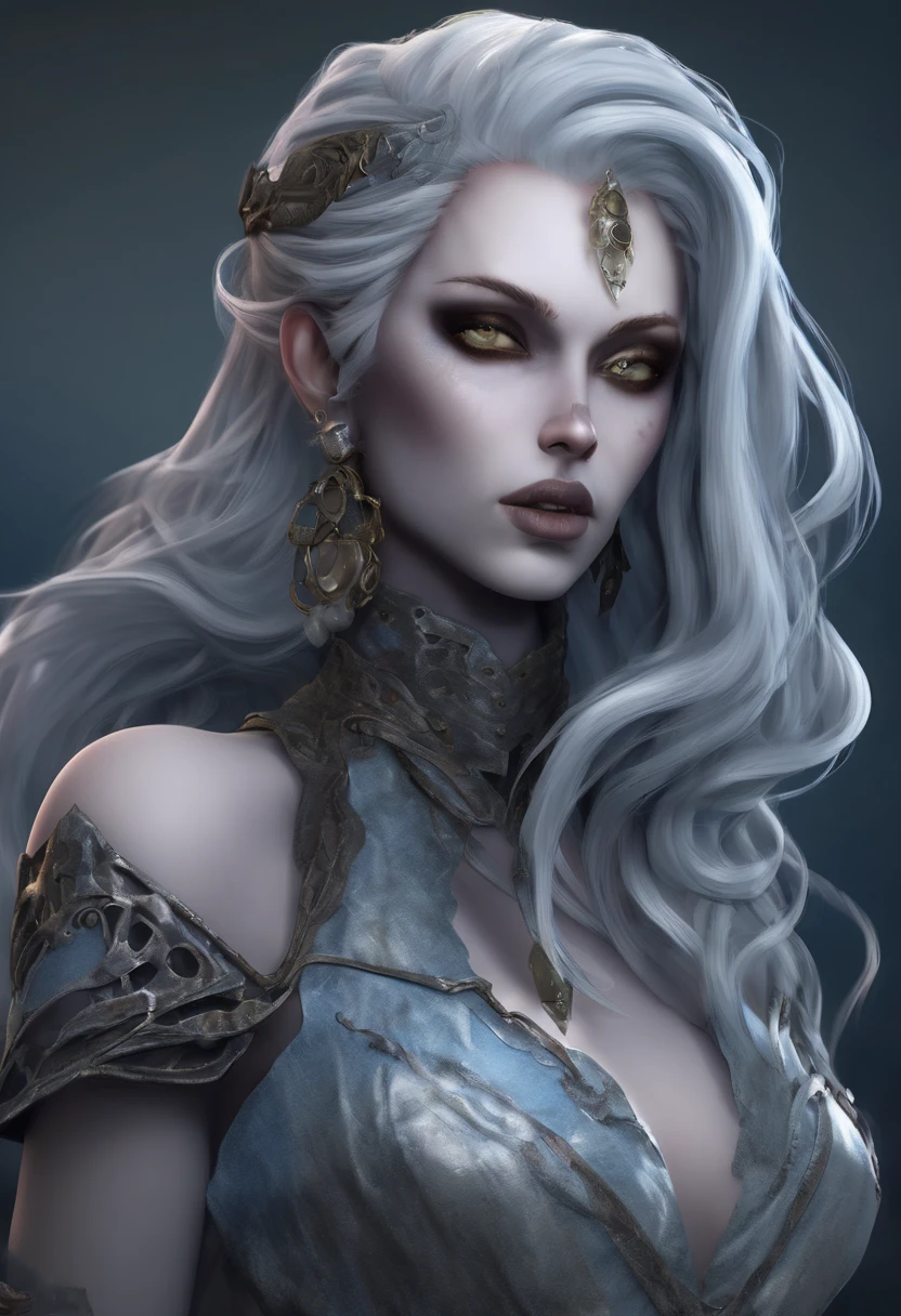 Seraphina Shadowmere is a striking figure with flowing obsidian locks that cascade down her back, contrasting against her pale, porcelain skin. Her piercing indigo eyes hold a hint of both sorrow and determination, reflecting the weight of the cursed kingdom's plight. Standing tall and graceful, she moves with an ethereal elegance, almost as if the shadows themselves dance to her silent command.