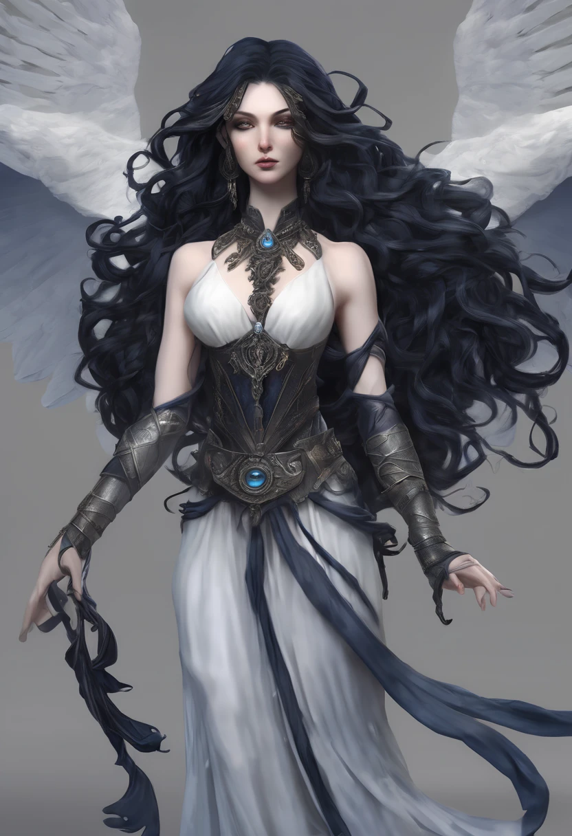 Seraphina Shadowmere is a striking figure with flowing obsidian locks that cascade down her back, contrasting against her pale, porcelain skin. Her piercing indigo eyes hold a hint of both sorrow and determination, reflecting the weight of the cursed kingdom's plight. Standing tall and graceful, she moves with an ethereal elegance, almost as if the shadows themselves dance to her silent command.