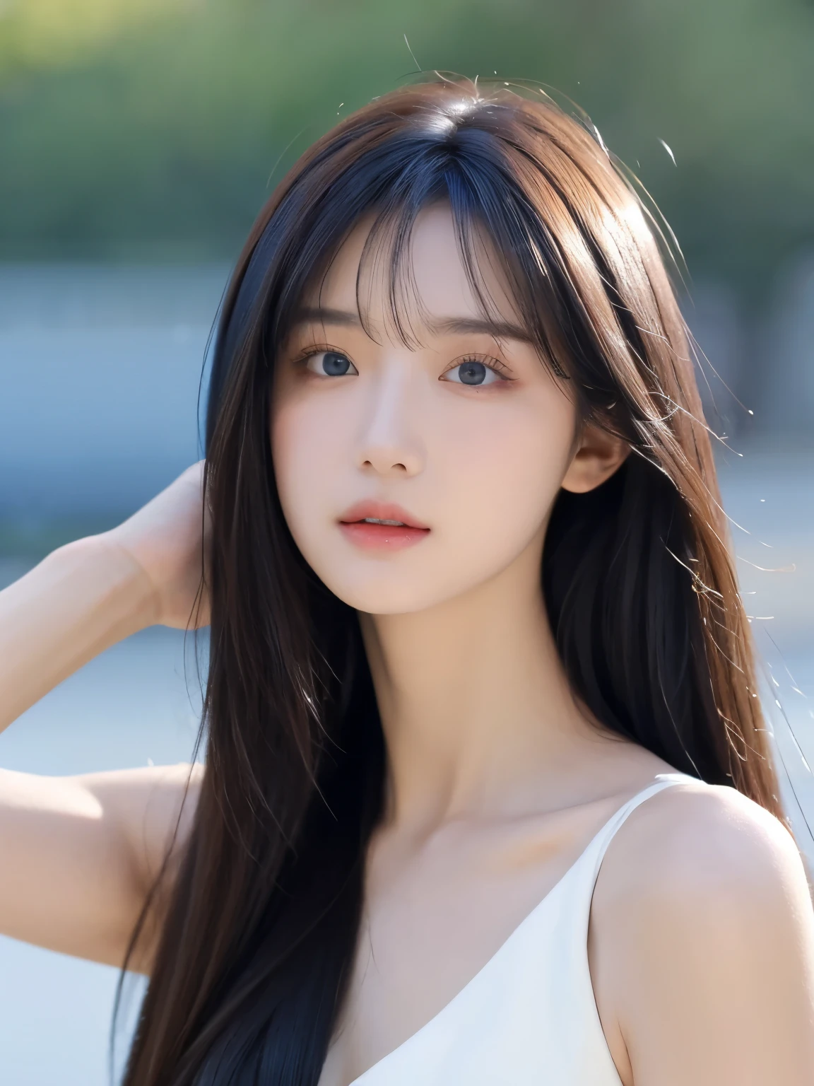 8k wallpaper, tmasterpiece, 电影灯光, Best quality at best, illustratio, dramatic angles, ((colours: 1.1)), ((colours inner hair: 1.4)), 1 girl, Alone, long whitr hair, Eau, eBlue eyes, Black glasses, Collar, Open, white Collar, liquid hair, brunette color hair, By bangs, from side, side, The upper part of the body, backgound, greybackground, of shoulders, sportrait, looking at viewert, White dress, hair between eye, white backgrounid, 耳Nipple Ring,