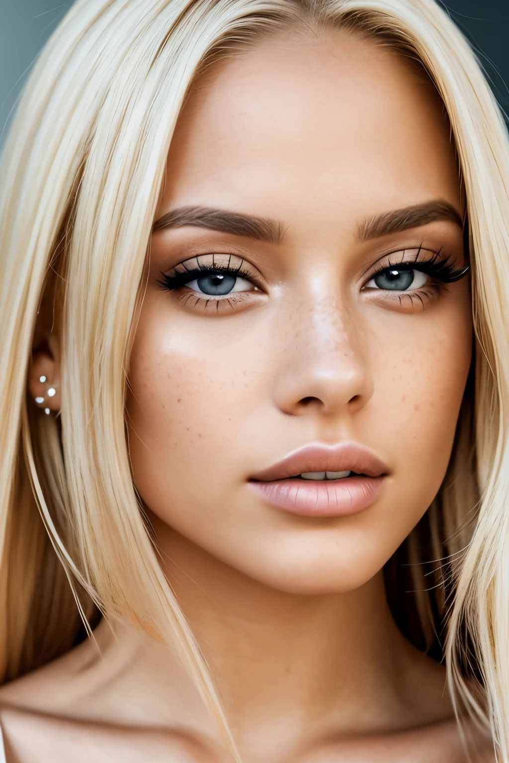 (close-up editorial front photo of 25 yo woman, blonde hair, slim latinas sweetheart), (freckles:0.9), (full lips) close, (yelloreen) eyes, POV, realistic[:, (film grain, 25mm, f/1.2, dof, bokeh, beautiful symmetrical face, perfect sparkling eyes, well defined pupils, high contrast eyes, ultra detailed skin, skin pores, vellus hair, fabric stitching, fabric texture, wood grain, stone texture, finely detailed features:1):0.9]