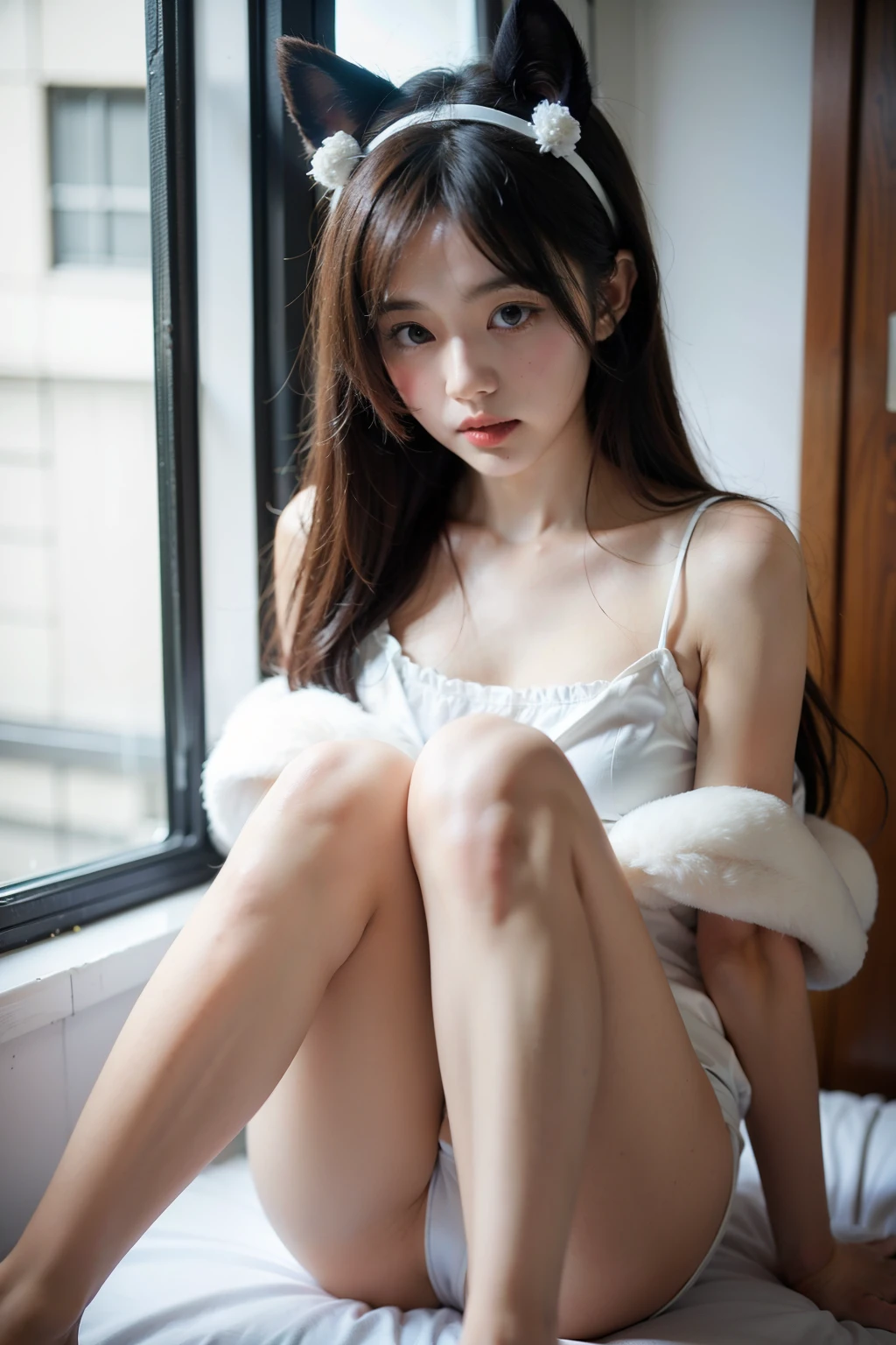 Miku,looking at viewert,long whitr hair,legs separated,small,,,,,All over the body,1 girl,head gear,is shy,white colors
