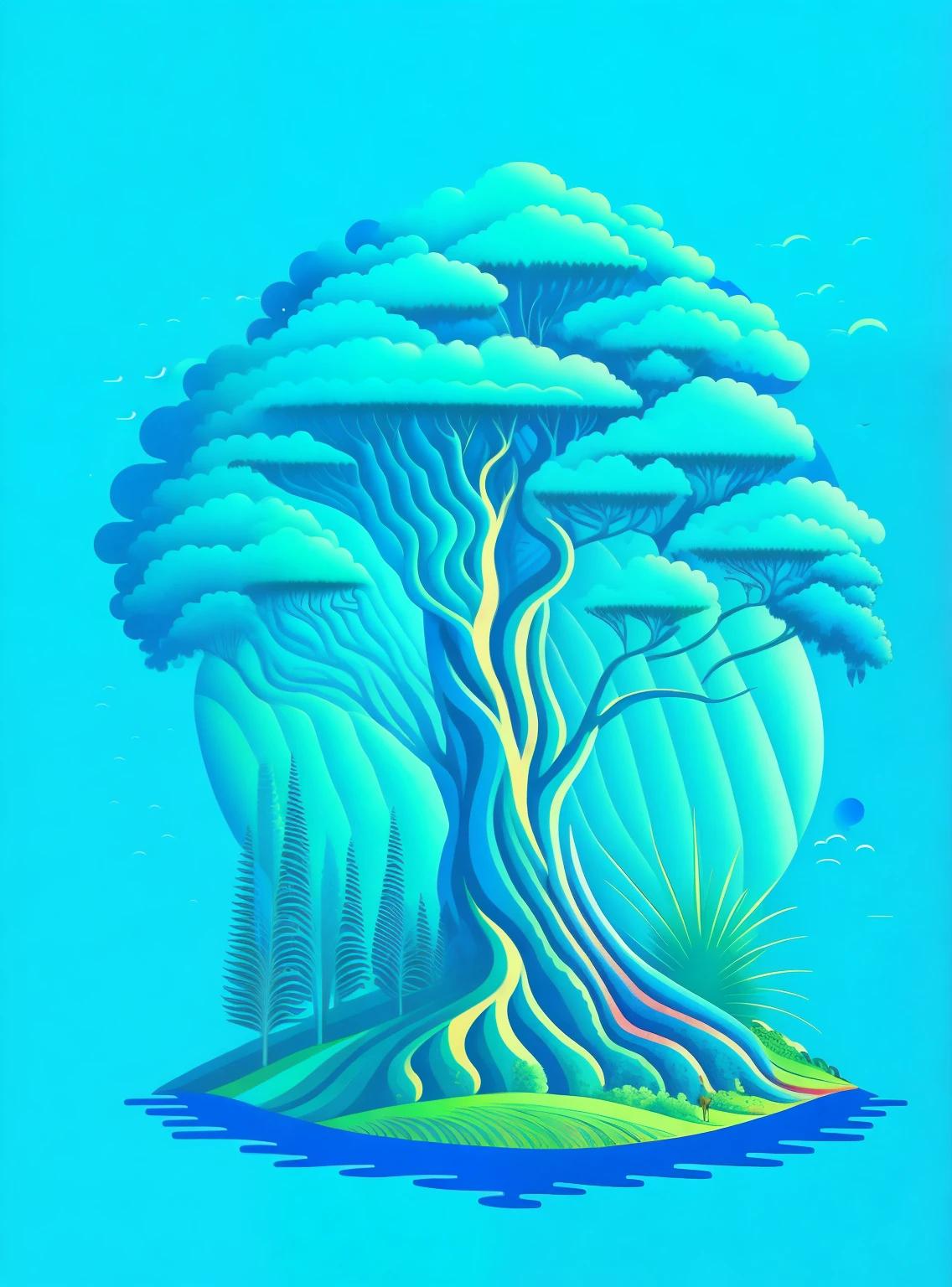 Ein regenbogenfarbener Amazonasbaum in einer blauen Landschaft,rzminjourney, Vektorgrafiken, man carries tree with hand