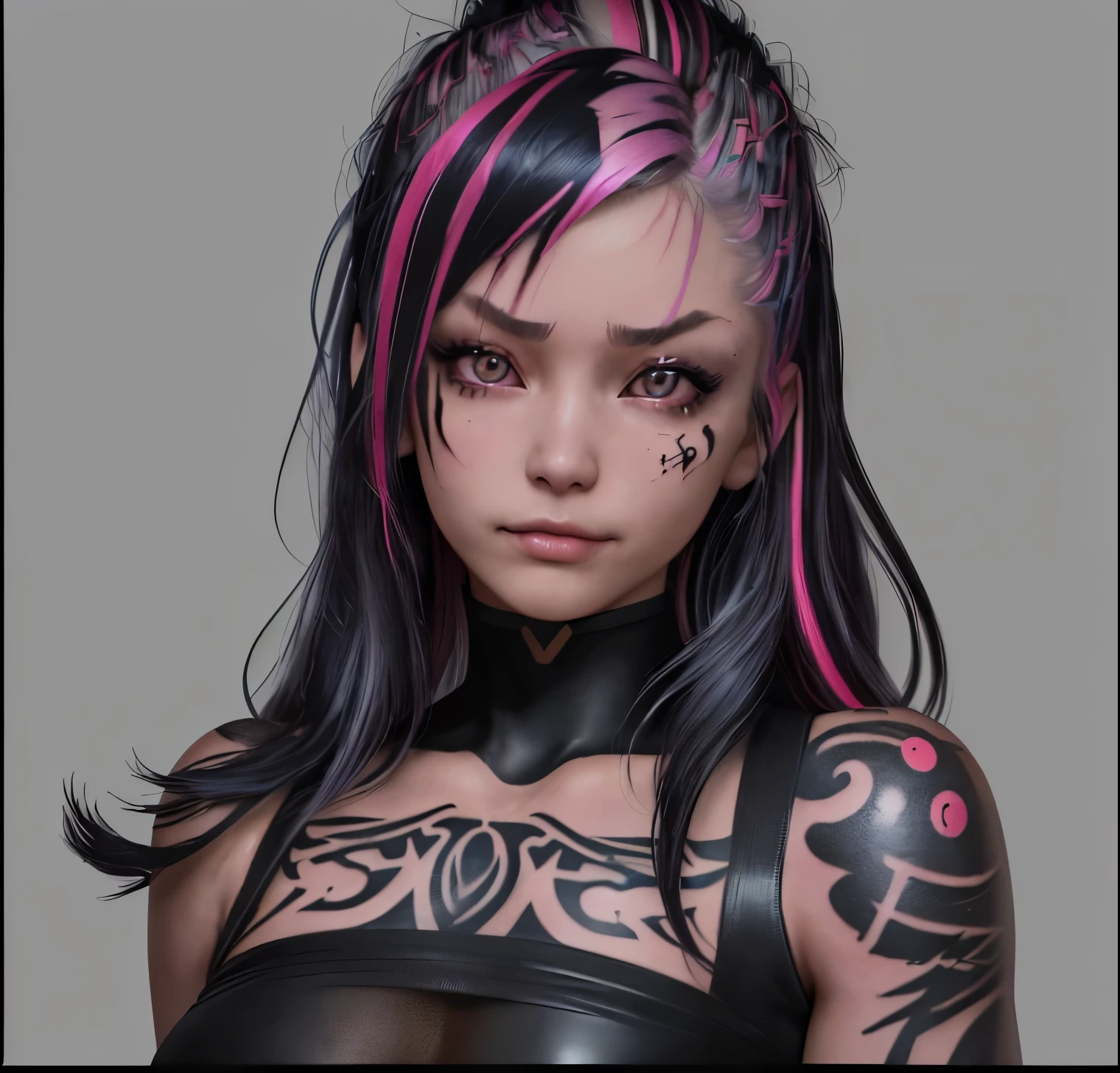 (1girl), Modern hairstyle, streaked hair color, hair highlighting, ((smug face)), ((tattoo:1.1)),
Masterpiece, Best Quality, Realistic, ultra highres, Depth of field, (Fully two-tone neon lighting:1.2), (Detailed Face:1.2), (詳細な目:1.2), (Detailed background:1.2), (Masterpiece:1.2), (Ultra Detailed), (Best Quality), Intricate,