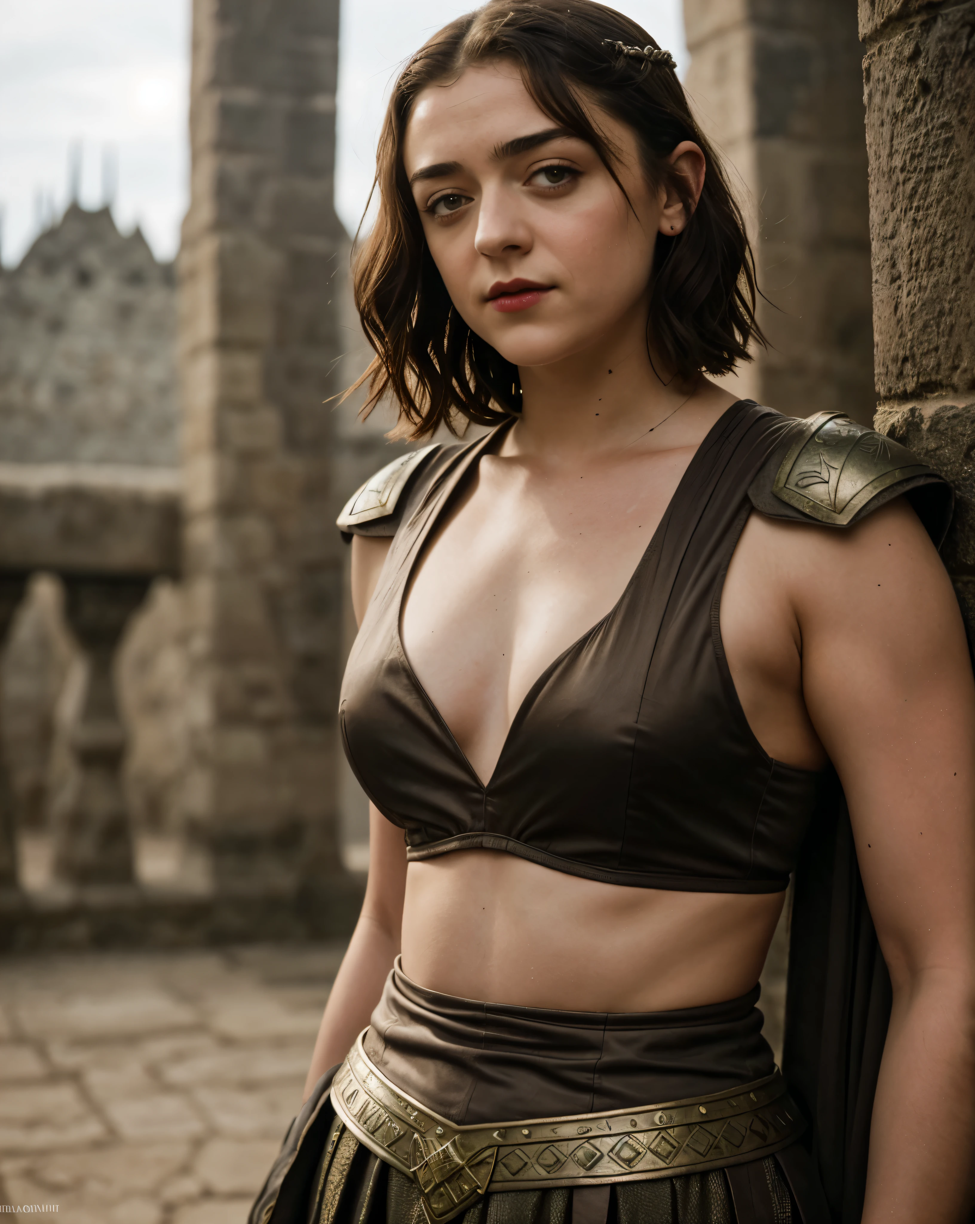 Foto RAW, RAW photograph of Maisie Williams, Arya Stark, mediaeval world cinematic background, Extremely gorgeous lady, Arya Stark PLAYED BY MAISIE WILLIAMS, Queen Arya Stark, she  a mature woman now, milf, sexy mediaeval battle dress, gladiator woman, body, 40 years old Woman, body revealing costumes, perky breast, skin pores, big natural breast, erotic costumes, lusty physique, seductive figure can capture every people's attention, Game of thrones costumes, revealing captivating figure, Mediaeval costumes, revealing clothes, A tomboy, she would rather fence than dance, red lips, warrior queen , game of thrones screen caps, Game of Thrones Series, (pele altamente detalhada: 1.2), 8k UHD, DSLR, soft-lighting, alta qualidade, grain of film, Fujifilm XT3, flawless picture, highly detailed, detailed Beauty, intricate, 32k, sharp picture,