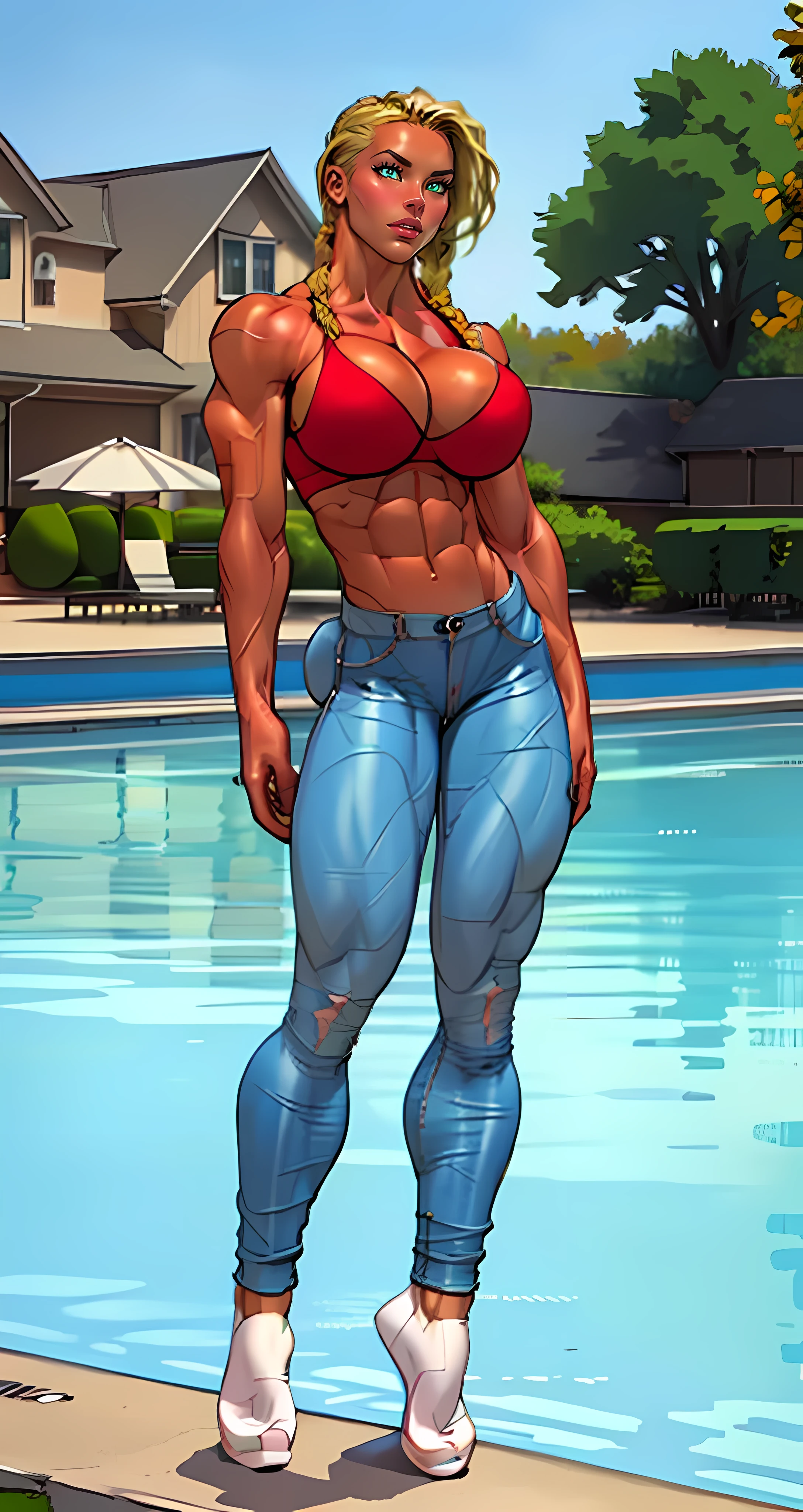 sexy ((twin braids:1.3)) wearing (tight jeans:1.5), (perfect face), detailed face, (symmetrical eyes), perfect nose, (wears red bra:1.2), (blonde hair combed to side:1.6), analog style posing against a pool filled with guests, cinematic movie still frame,, (((Huge breasts))), ((long legs)), ((Female Bodybuilder)), ((((Muscular Legs)))), ((((Huge Muscles))))