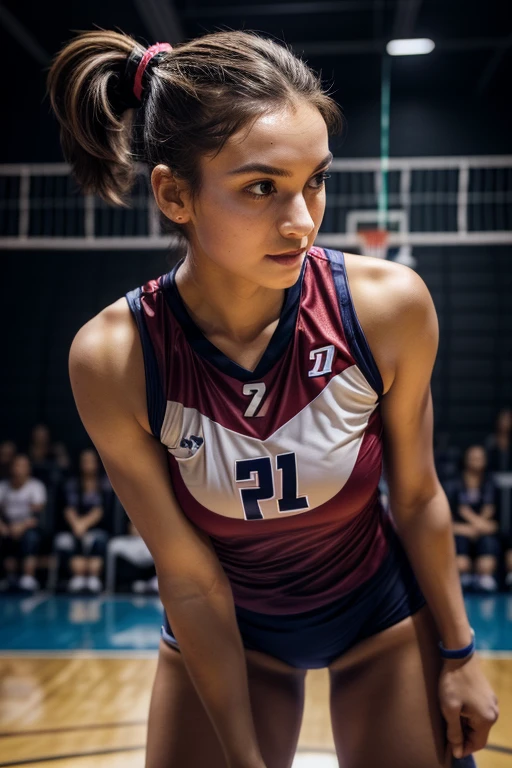 (Realistic, ultimate beauty, perfect physique, full body, cute, volleyball player uniform, tousled hairstyle, sweat on forehead, on the court, ponytail, volleyball, short hair, playing volleyball)