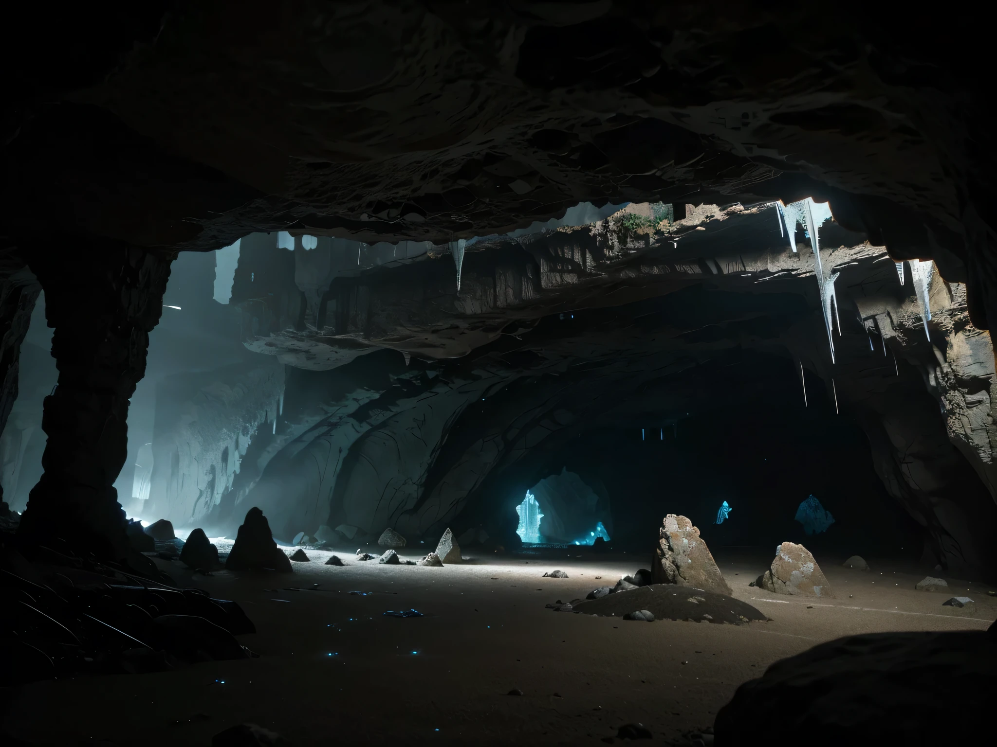 Detailed cave background for a front view battle scene in an RPG game. The cave should have complex rock formations, Stalactites and stalagmites, has a mysterious and adventurous atmosphere. to suggest a sense of depth and mystery、Include subtle lighting effects。, Dim places, glowing crystals, bioluminescent bacteria, etc.. The overall tone should be mysterious, a little creepy, Also attractive for RPG settings.