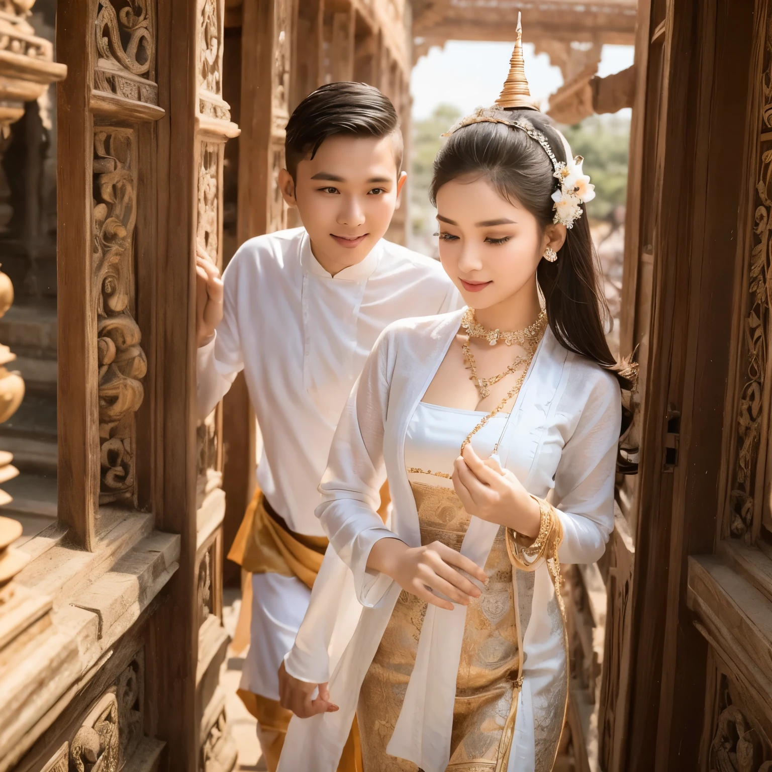 Burmese dress and graceful girl at Bagan pagoda of myanmar