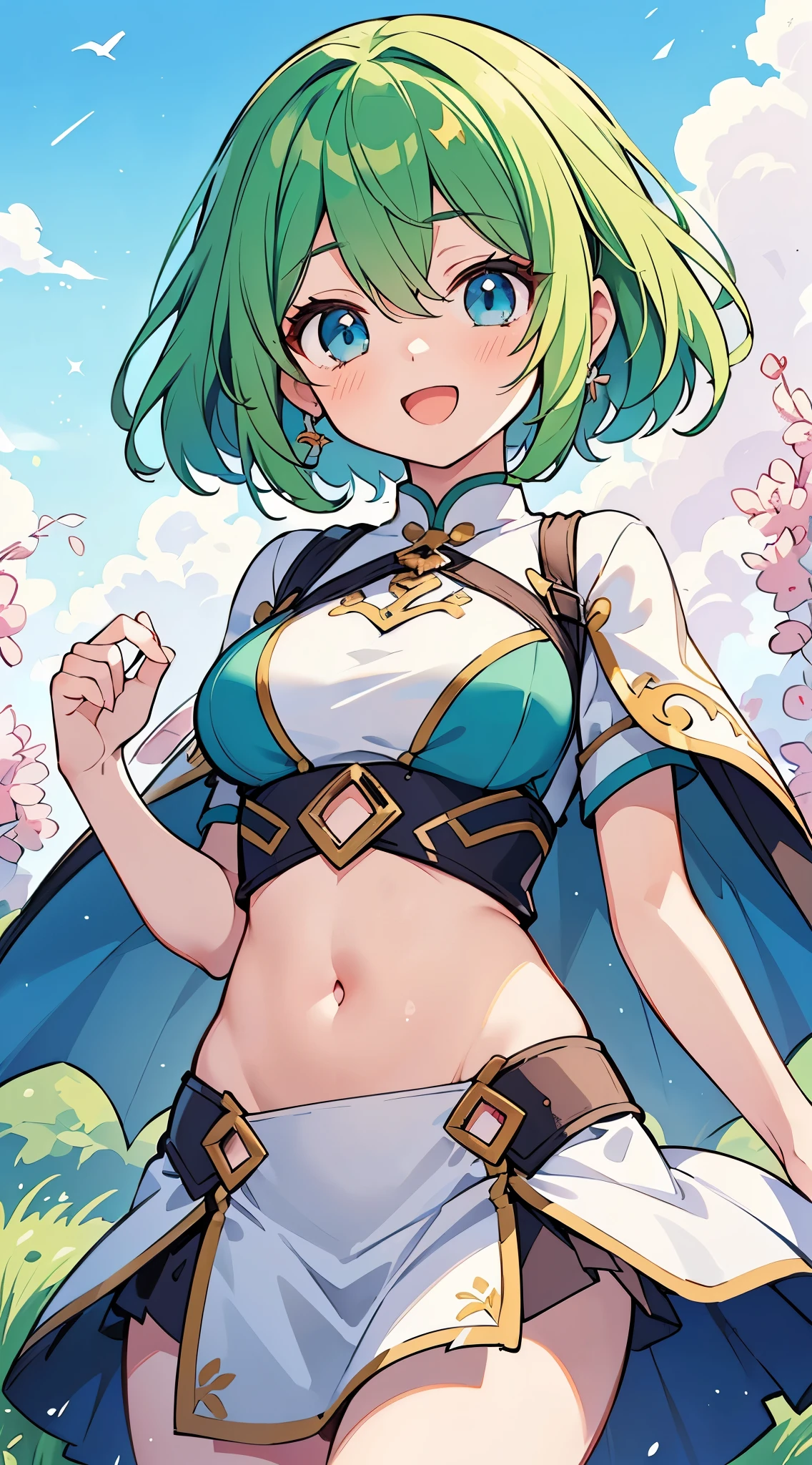 ((A Pretty girl with green hair and blue eyes)), wearing White Ao dai, Loli face, ((master piece, top-quality, ultra-definition, high resolution)), anime girl, ((ultra-detailed illust:1.2)), only one person, bangs, hair between eye, beautiful hair, Beautiful eyes, Medium breasts, belly button, Big smile, opened mouth, enjoying, outdoor