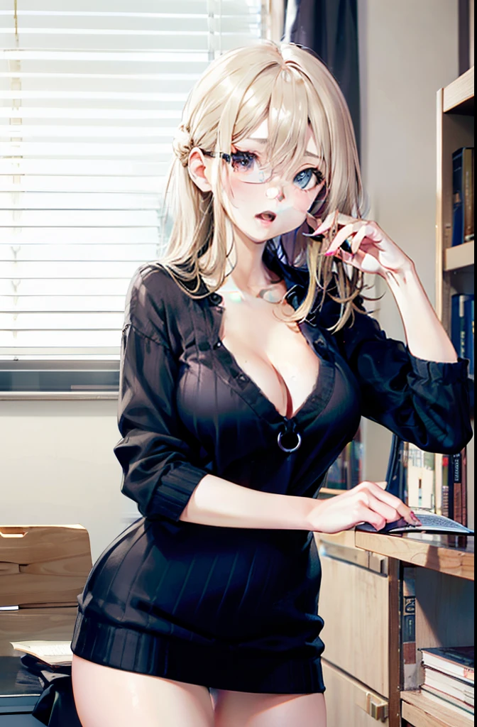 Sexy Librarian、Reading at her desk、at the library、Colossal tits、cleavage of the breast、perfect hand、perfect fingers、perfect chest、Perfect fit、perfect bodies、face perfect、Perfect image realism、细致背景、detailed costume、maikurobikini、Unbuttoned shirt、Lewd librarian、Hyper-Realism、Photorealsitic、Unreal Engine、3DCG、octan render、8K maximum resolution very detailed、Sweater dress with vertical ribbed fabric、Professional librarian、Big breasts about to burst from her clothes、yawns、Sexy Girl